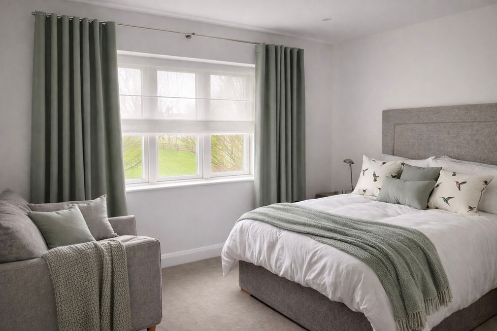 Batiste Roman blind paired with green wave curtains on slim silver tracks.