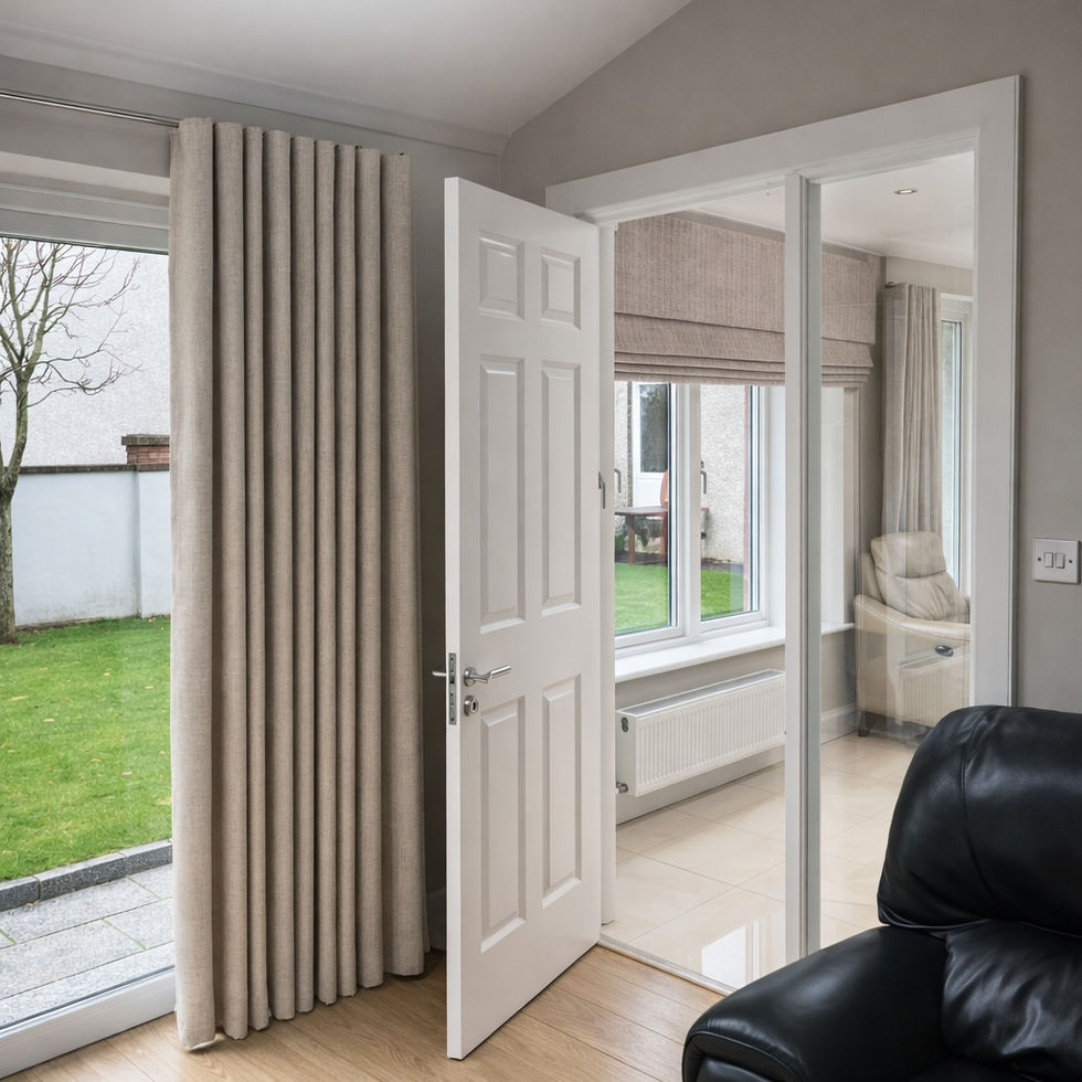 Roman blind and wave curtains in beige textured fabric on a slim silver track.