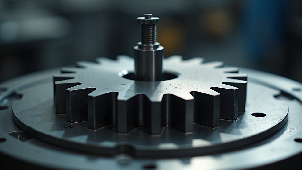 High angle view of precision-ground metal gear on industrial table