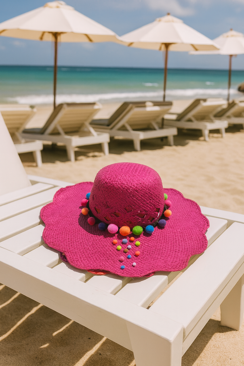 CHAPEAU RAPHIA FUSHIA POMPONS *