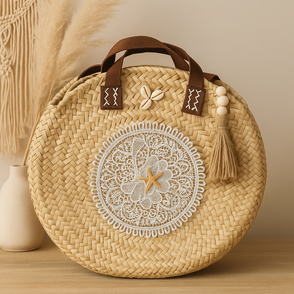 SAC ROND DENTELLE ET COQUILLAGES *