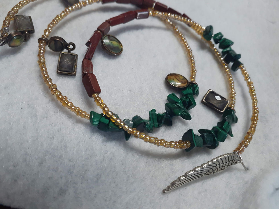 Close-up of two beaded bracelets with green stones and silver wing charm