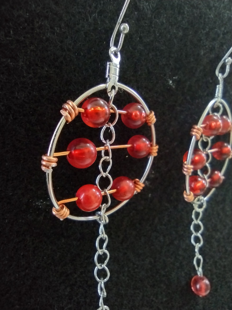 Red glass bead earrings with silver and copper wire