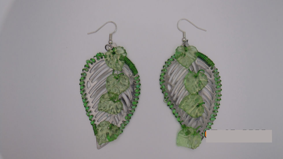 Green leaf earrings with silver metal accents