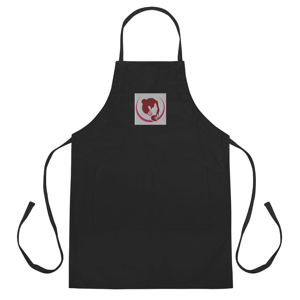 Black embroidered apron with a woman's profile logo