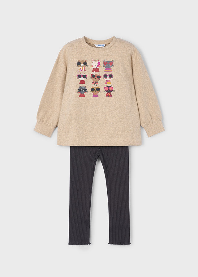 Mayoral Oatmeal Tunic and Legging Set With Kitties