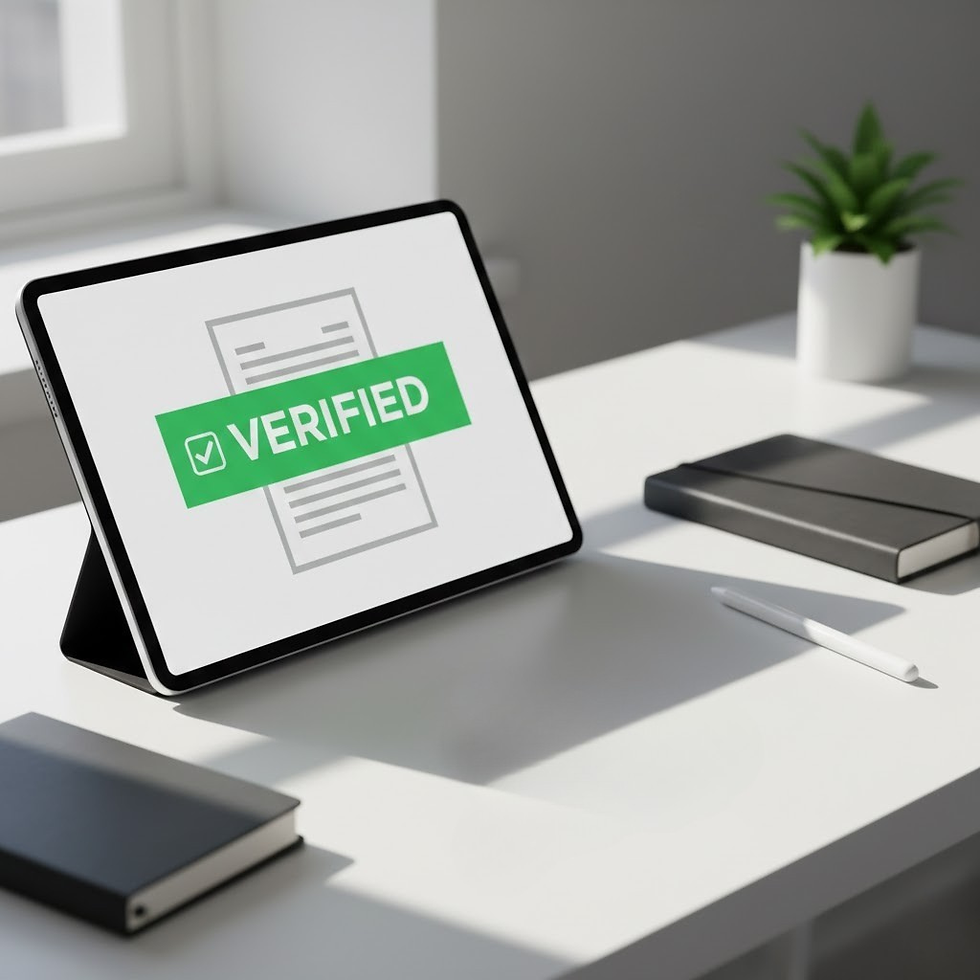 Tablet shows document with green 'VERIFIED' checkmark on white desk.