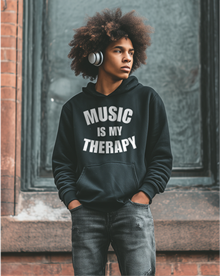 Music_is_my_therapy_black_Hoodie_male_lifestyle_shoot.png