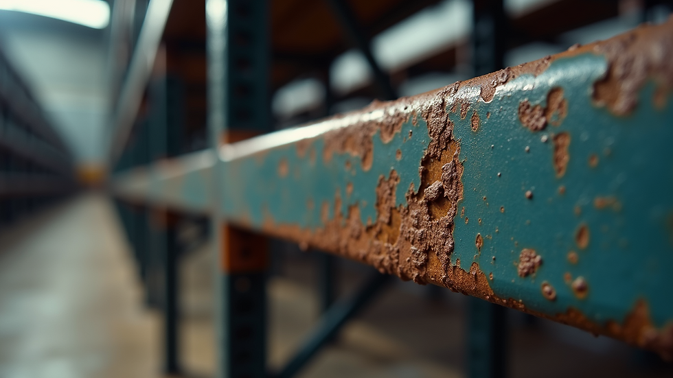 Close-up view of metal rack beam with visible damage and rust