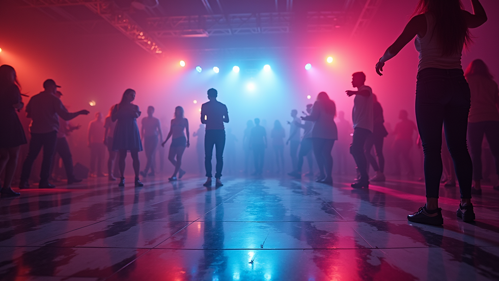 Wide angle view of event dance floor with colorful lighting effects