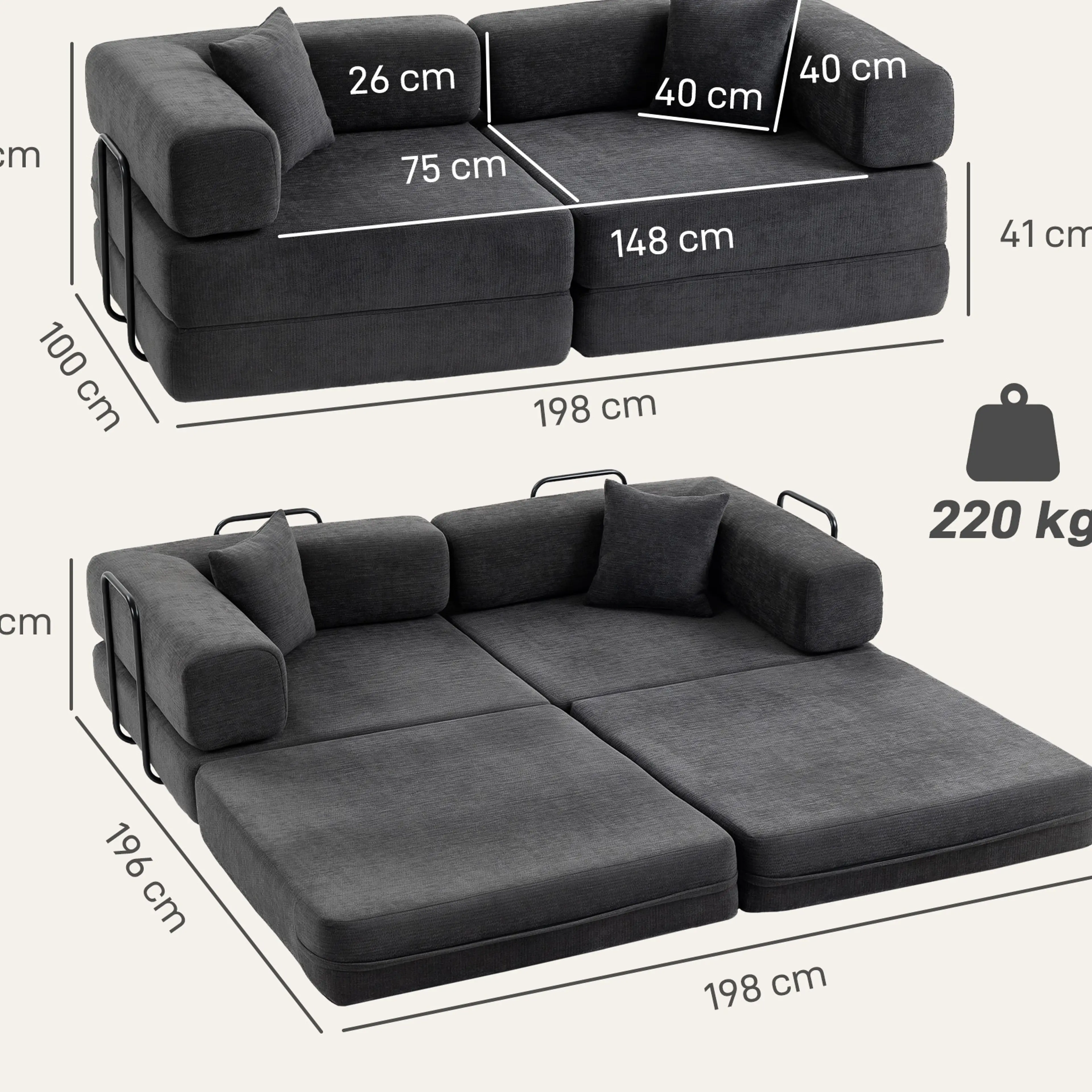 Måttskiss över bäddsoffan med 198 cm bredd, 69 cm ryggstödshöjd, 41 cm sitthöjd och 48 cm bäddhöjd