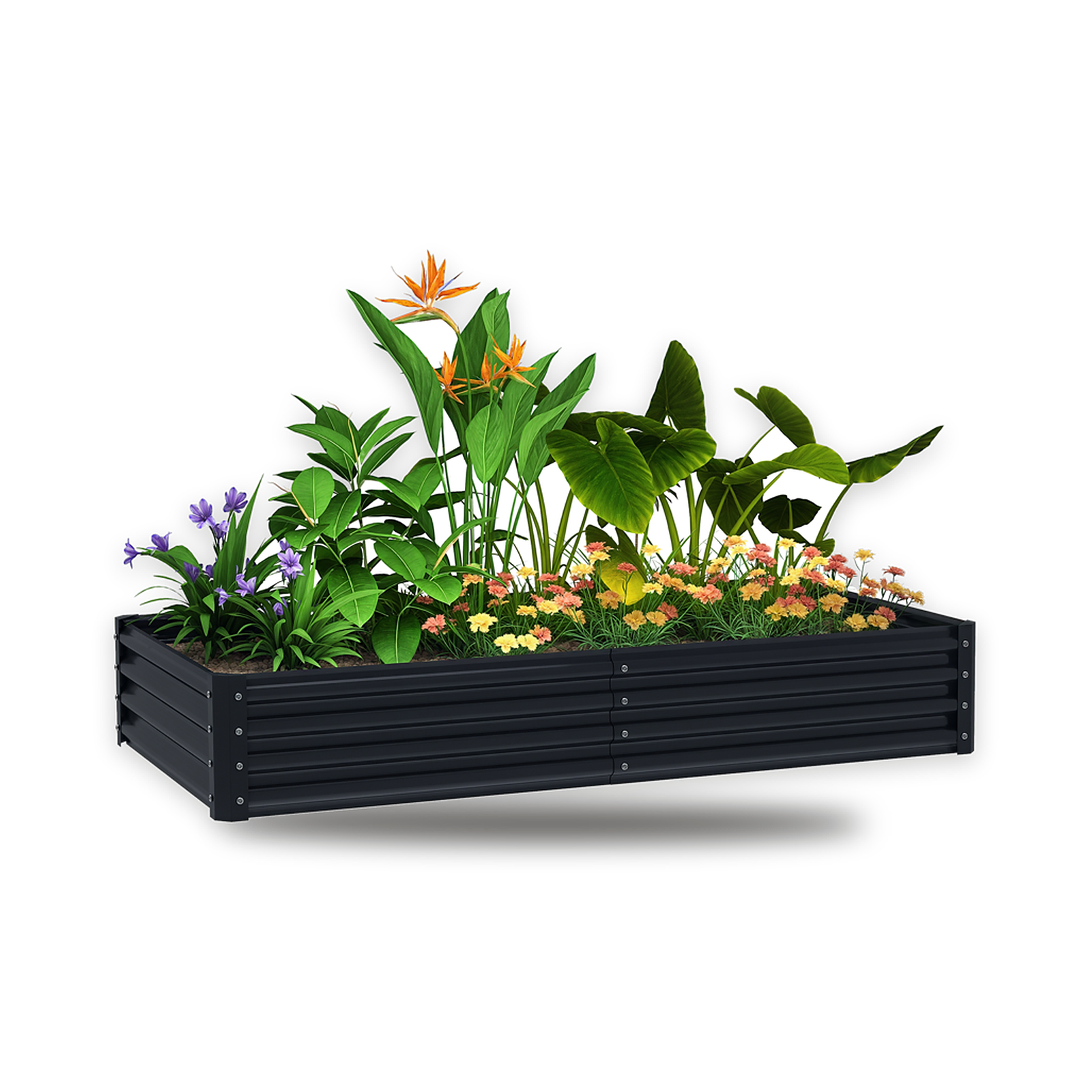 Odlingslåda i metall 180×90×30 cm i mörkgrå galvaniserat stål, full av blommor