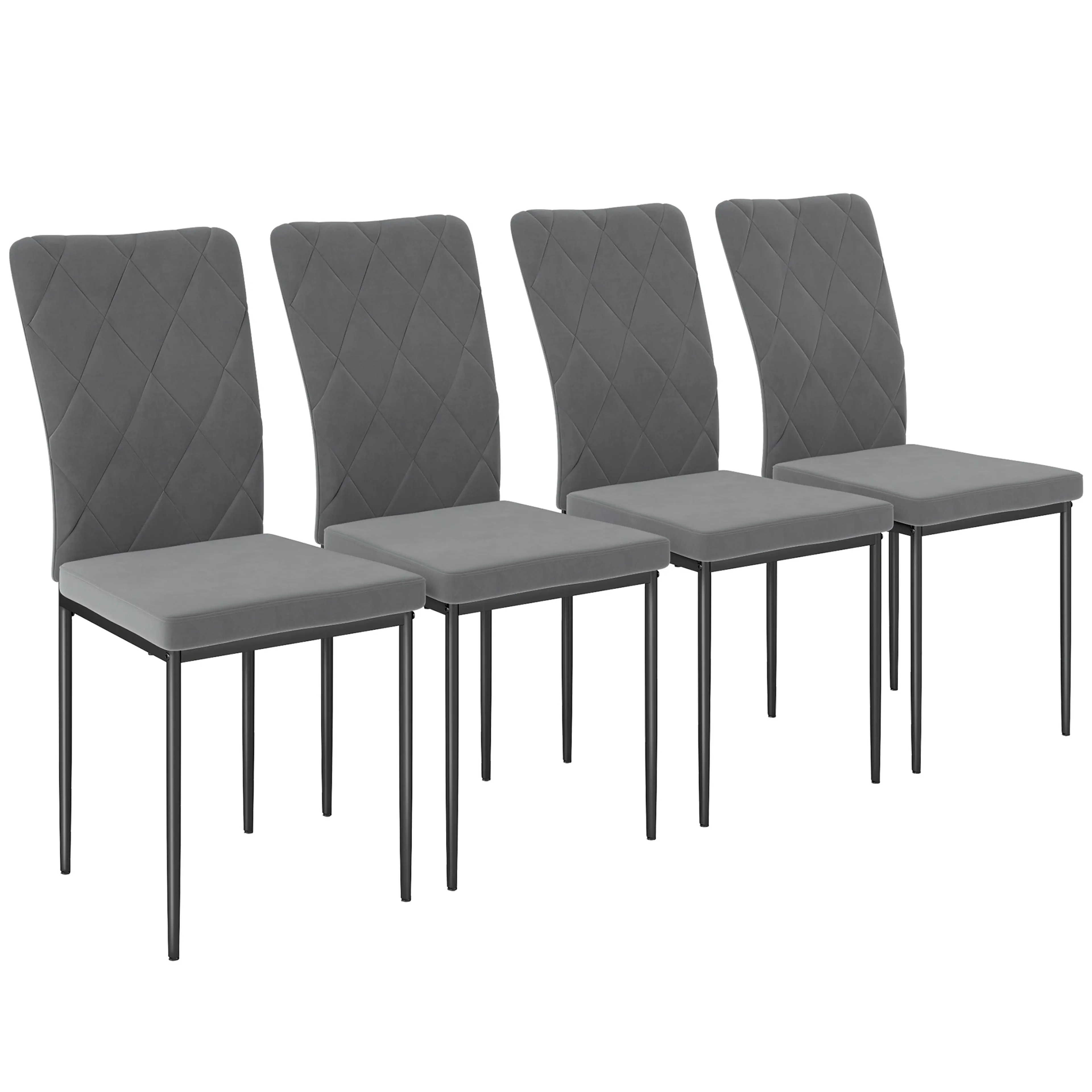 Matstolar 4-pack i mörkgrå sammetslook – diamantmönstrad rygg, metallben