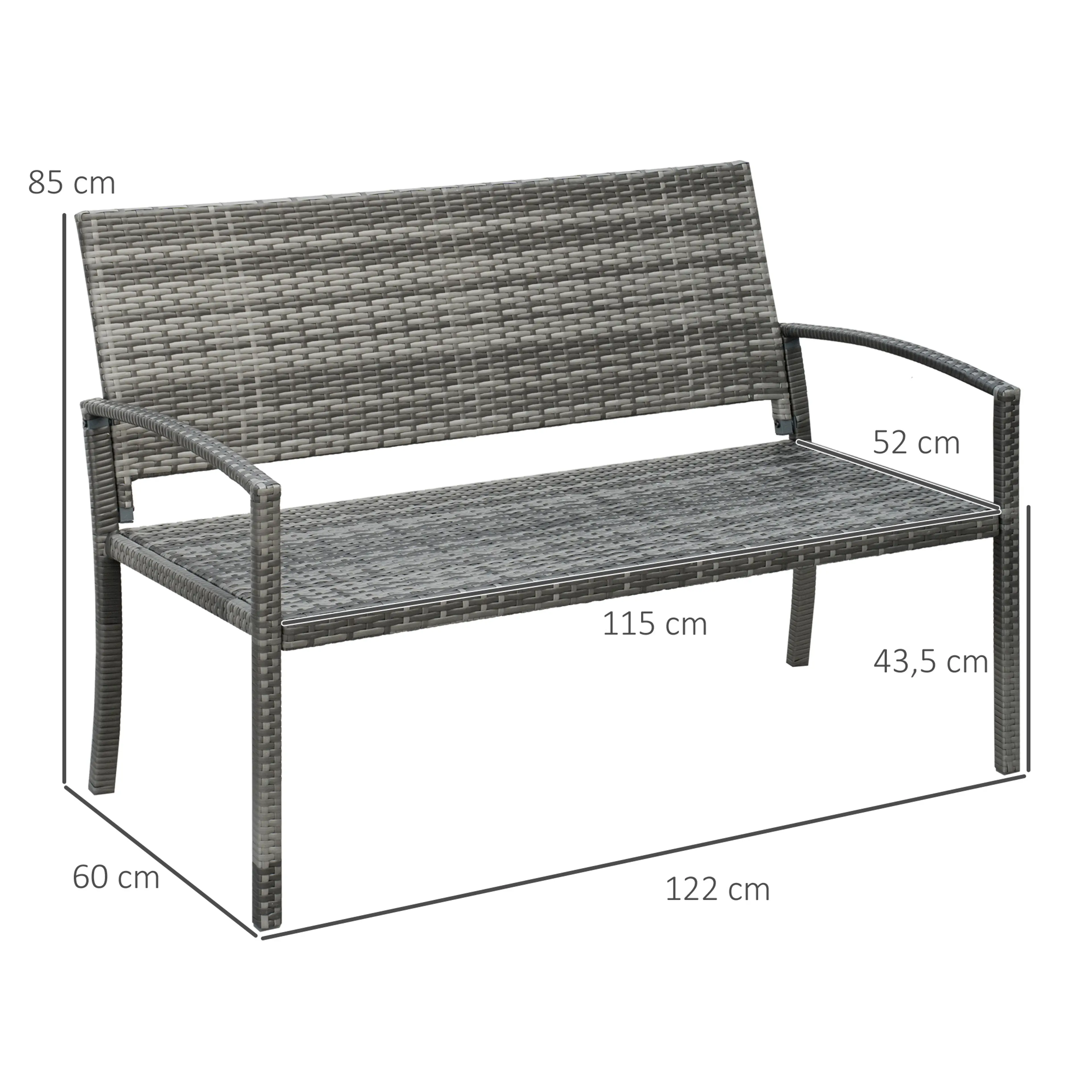 Måttskiss: 122 cm bred, 60 cm djup, 85 cm hög, sittyta 115 × 52 cm och sitthöjd 43,5 cm