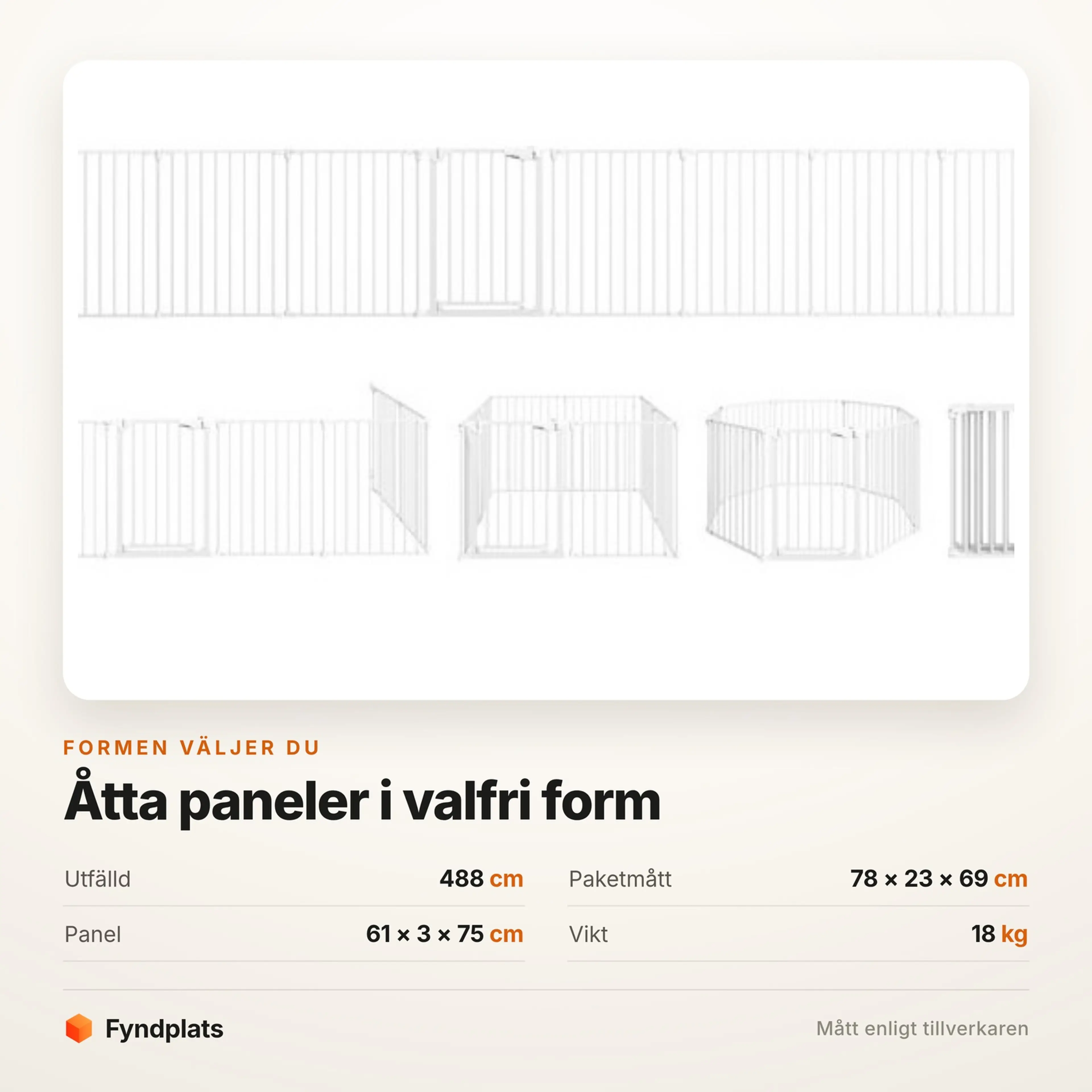 Faktakort: panelerna ställda rakt, i rektangel eller åttkant, med paketmåttet 78 × 23 × 69 cm