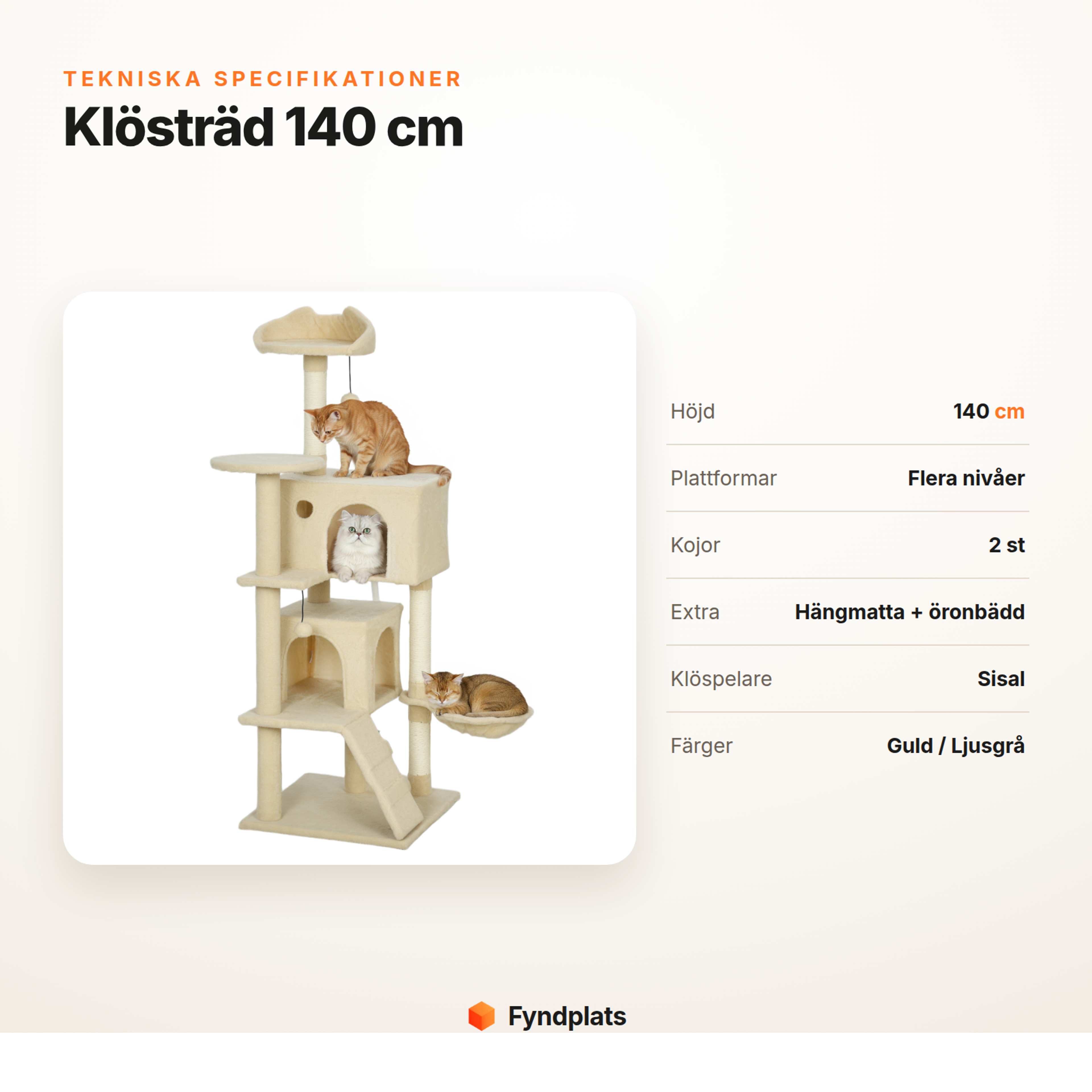 Specifikationer för klösträd 140 cm: höjd, plattformar, kojor, sisalpelare och färger
