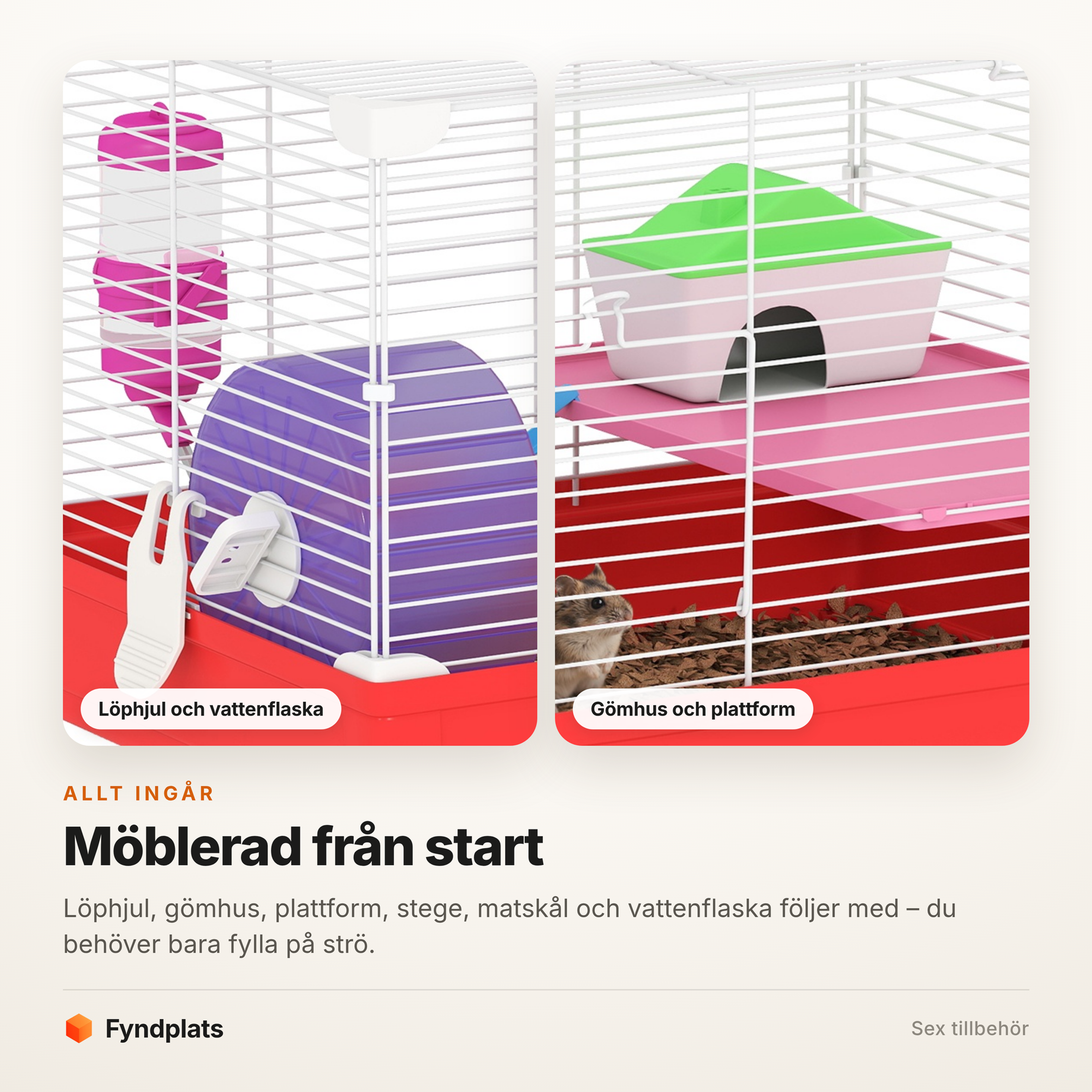 Fyndplats-kort som visar burens löphjul, vattenflaska, gömhus och plattform