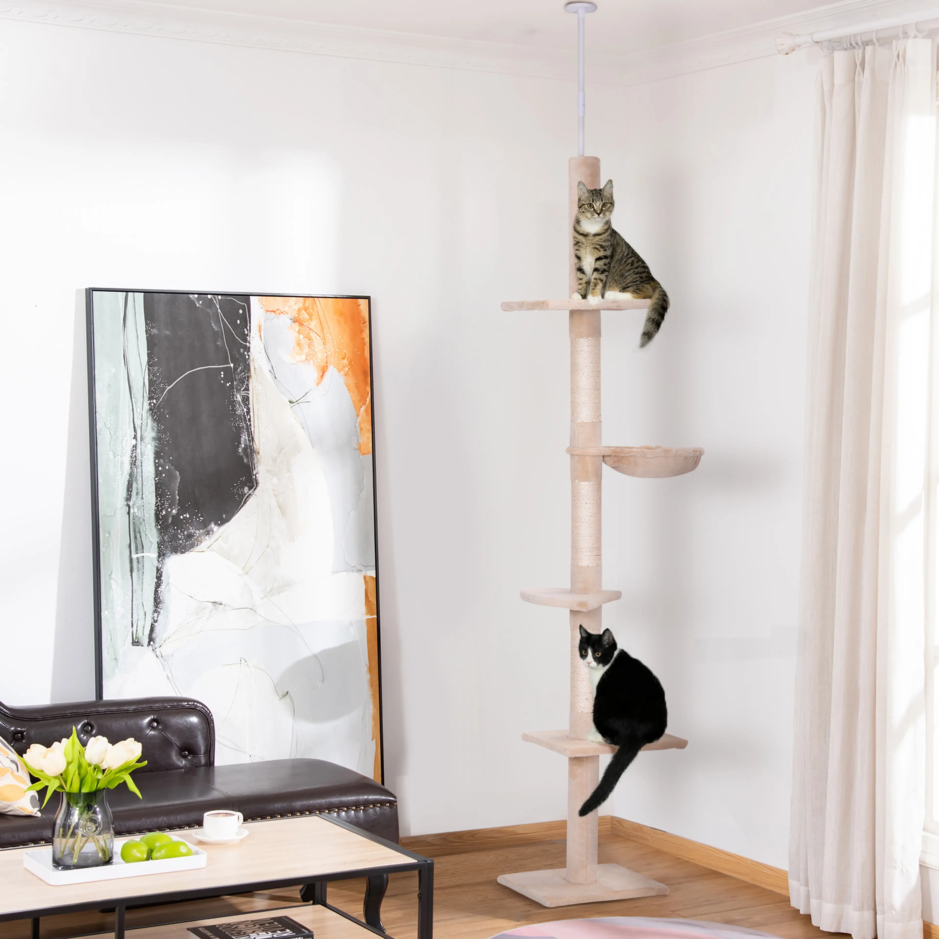 Klösträdet i ett rum med tavla och gardin, två katter på var sitt plan