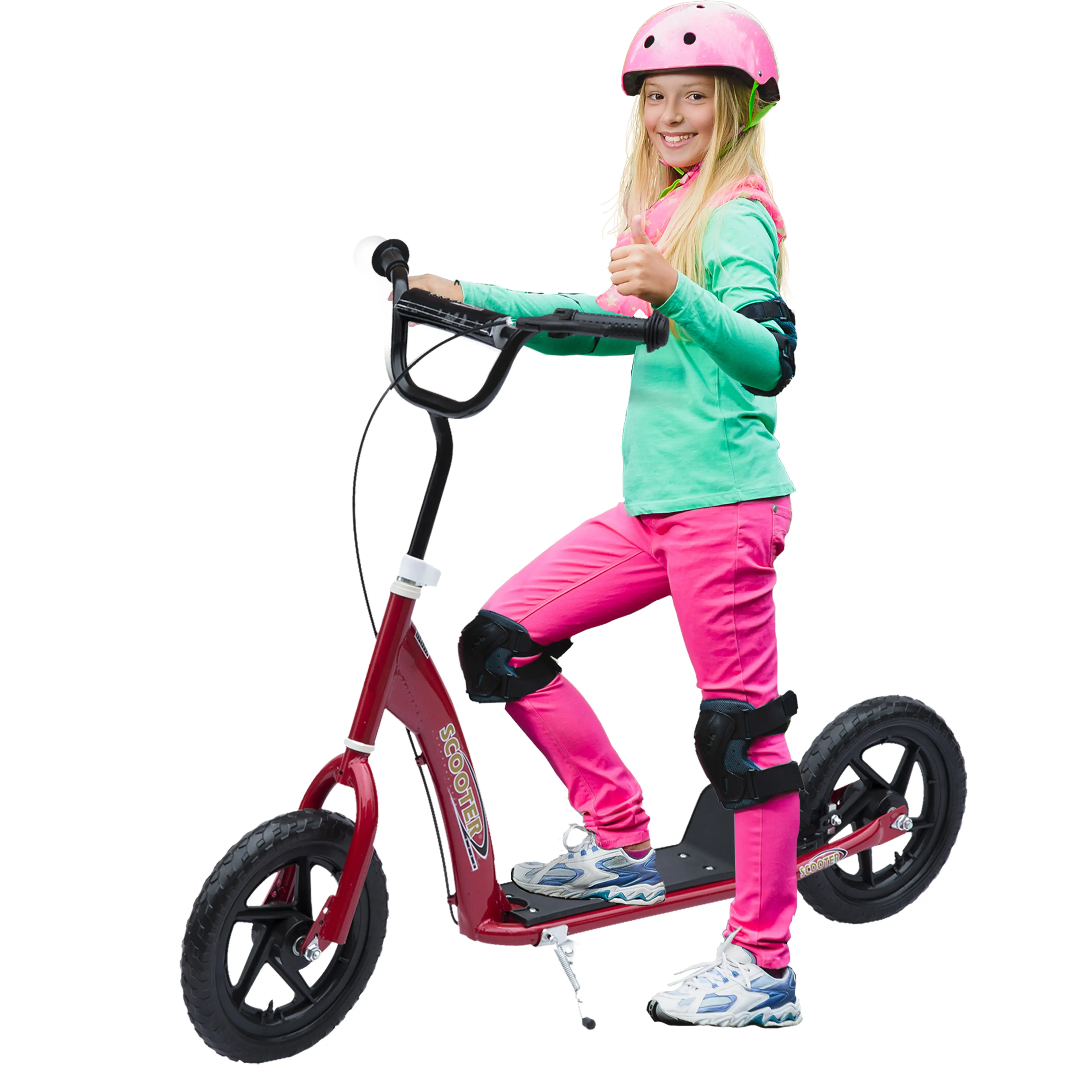 Vinröd sparkcykel för barn med svarta hjul och flicka i hjälm