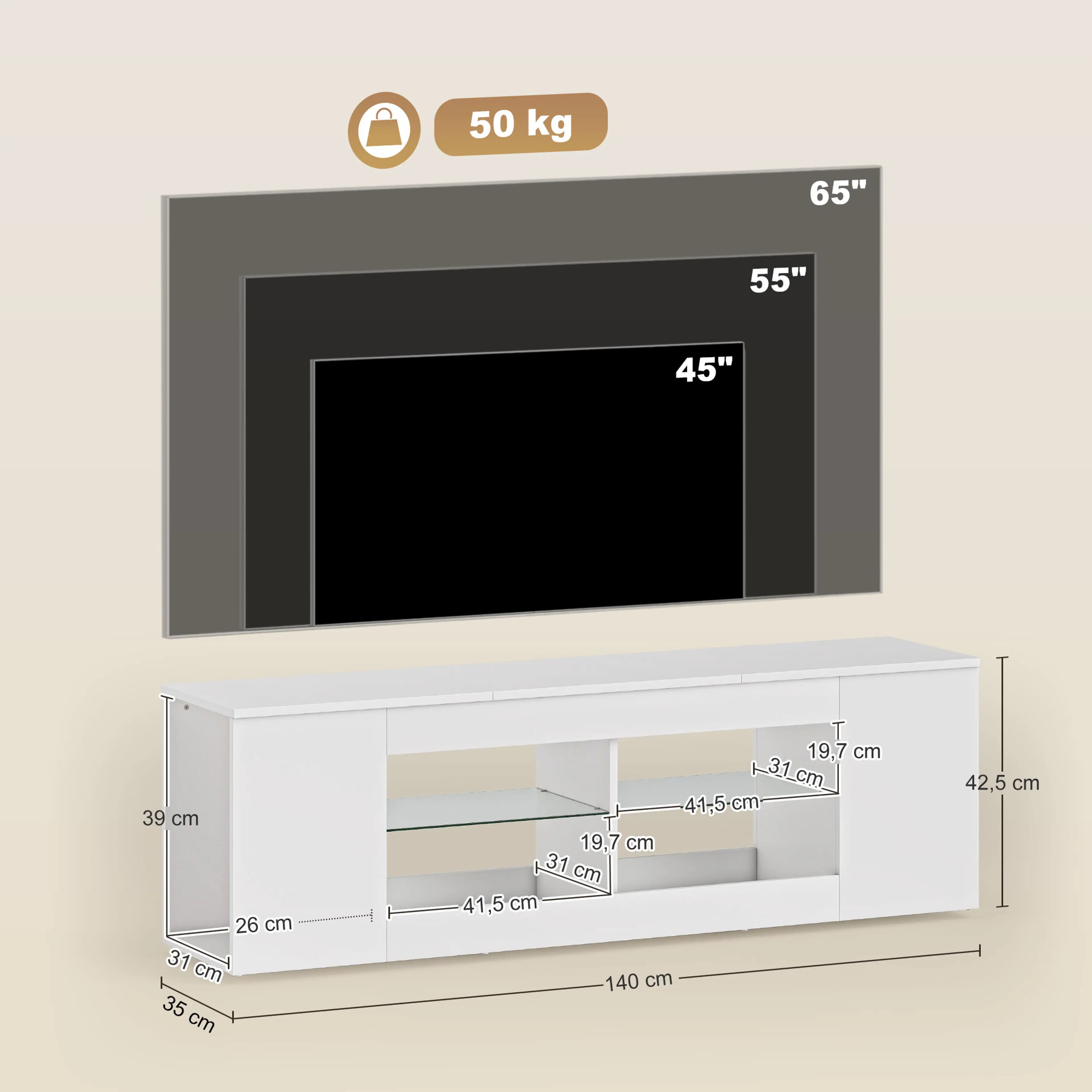 Måttritning: 140 × 35 × 42,5 cm, sidofack 31 × 26 × 39 cm och mittfack 41,5 × 31 × 19,7 cm