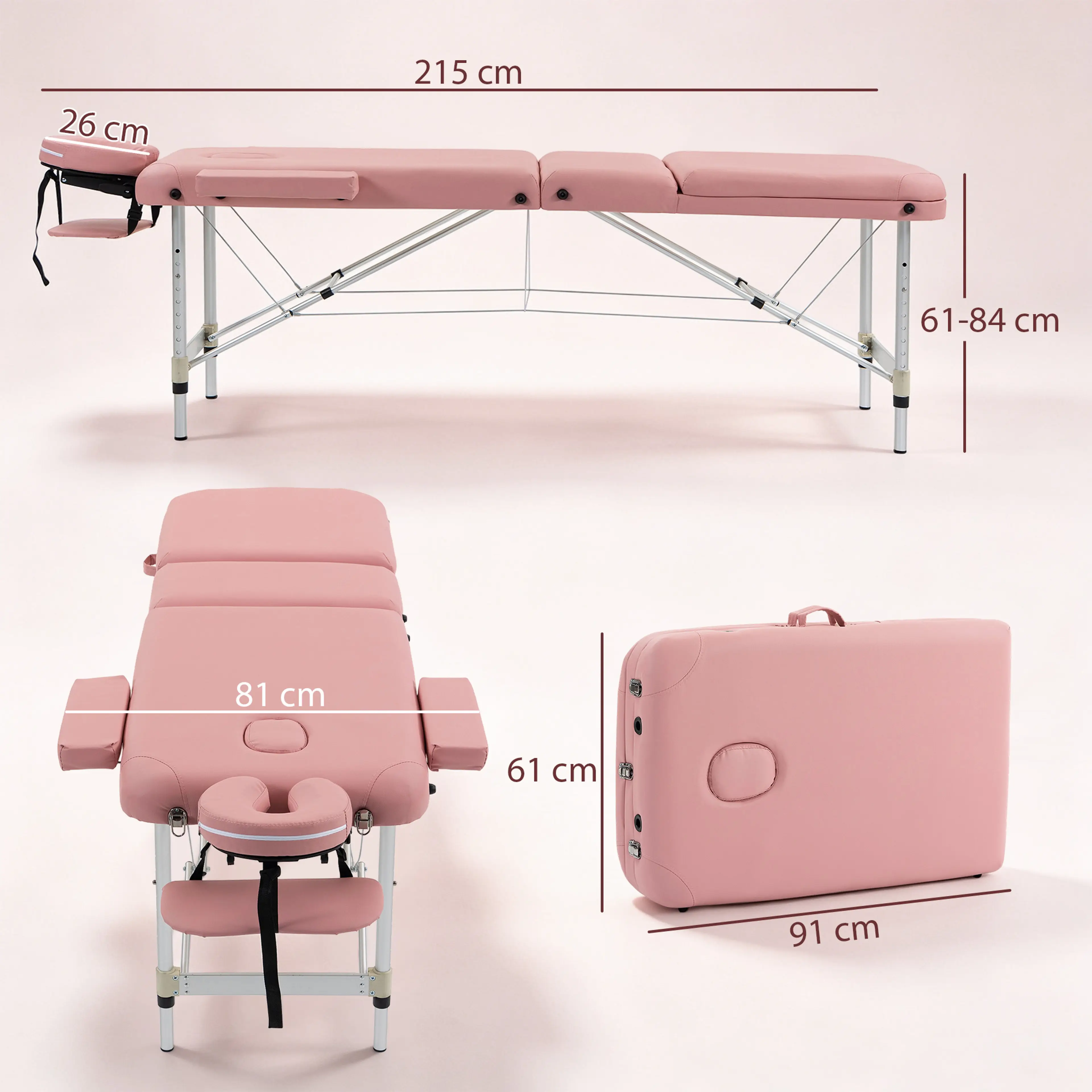 Måttskiss för massagebänken: 215 cm längd, 81 cm bredd och hopfälld 91 × 61 cm