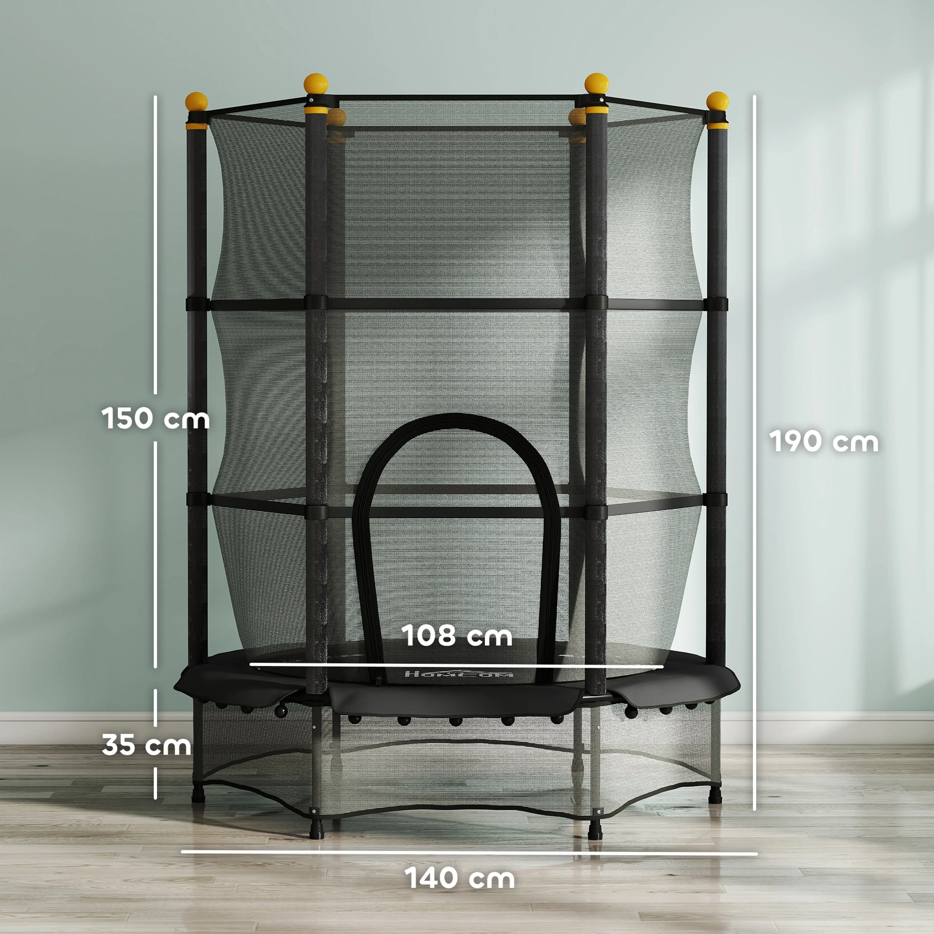 Måttskiss: skyddsnätet 150 cm högt, hoppytan 35 cm över golvet och 140 cm mellan fötterna