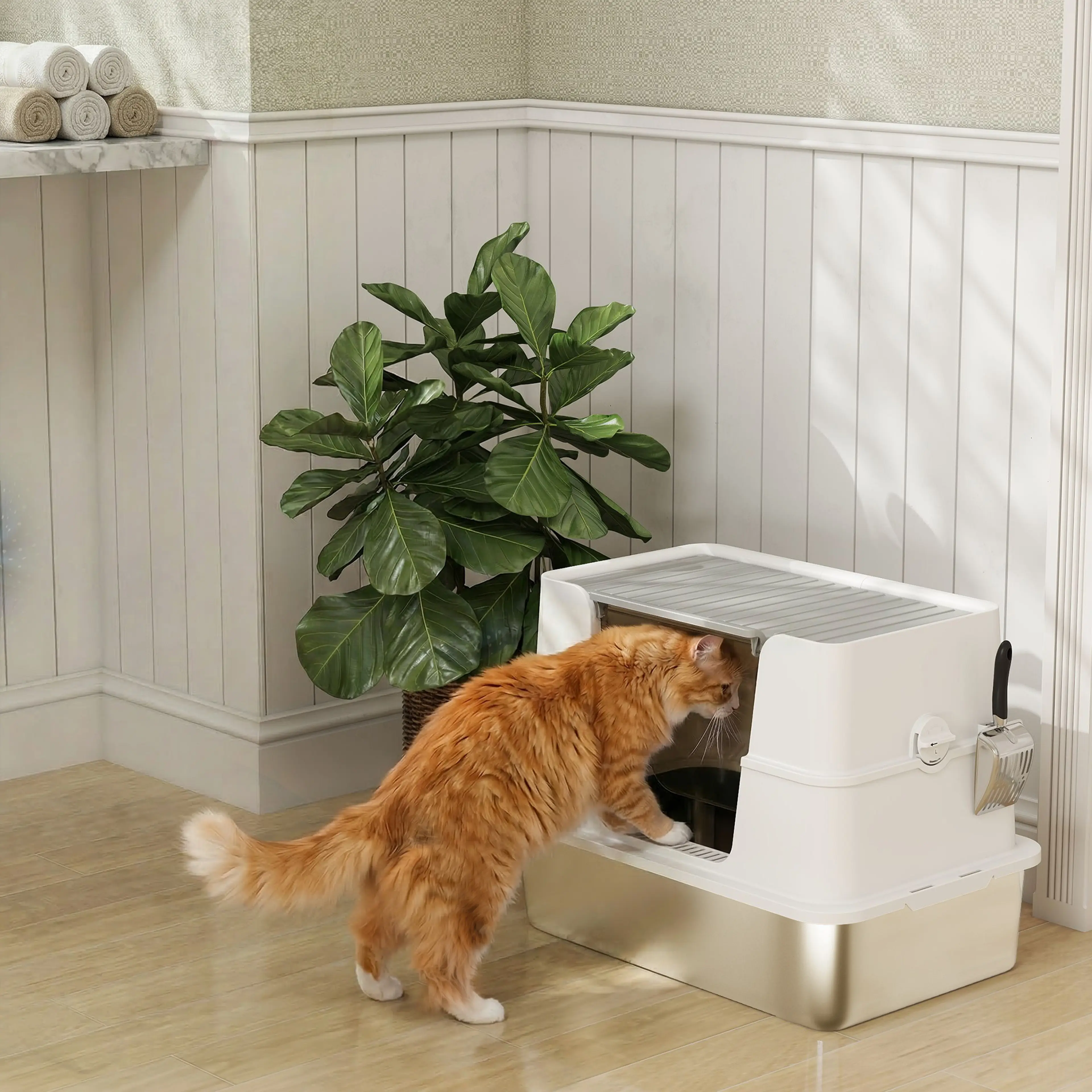 En katt på väg in genom framluckan på den rostfria kattlådan