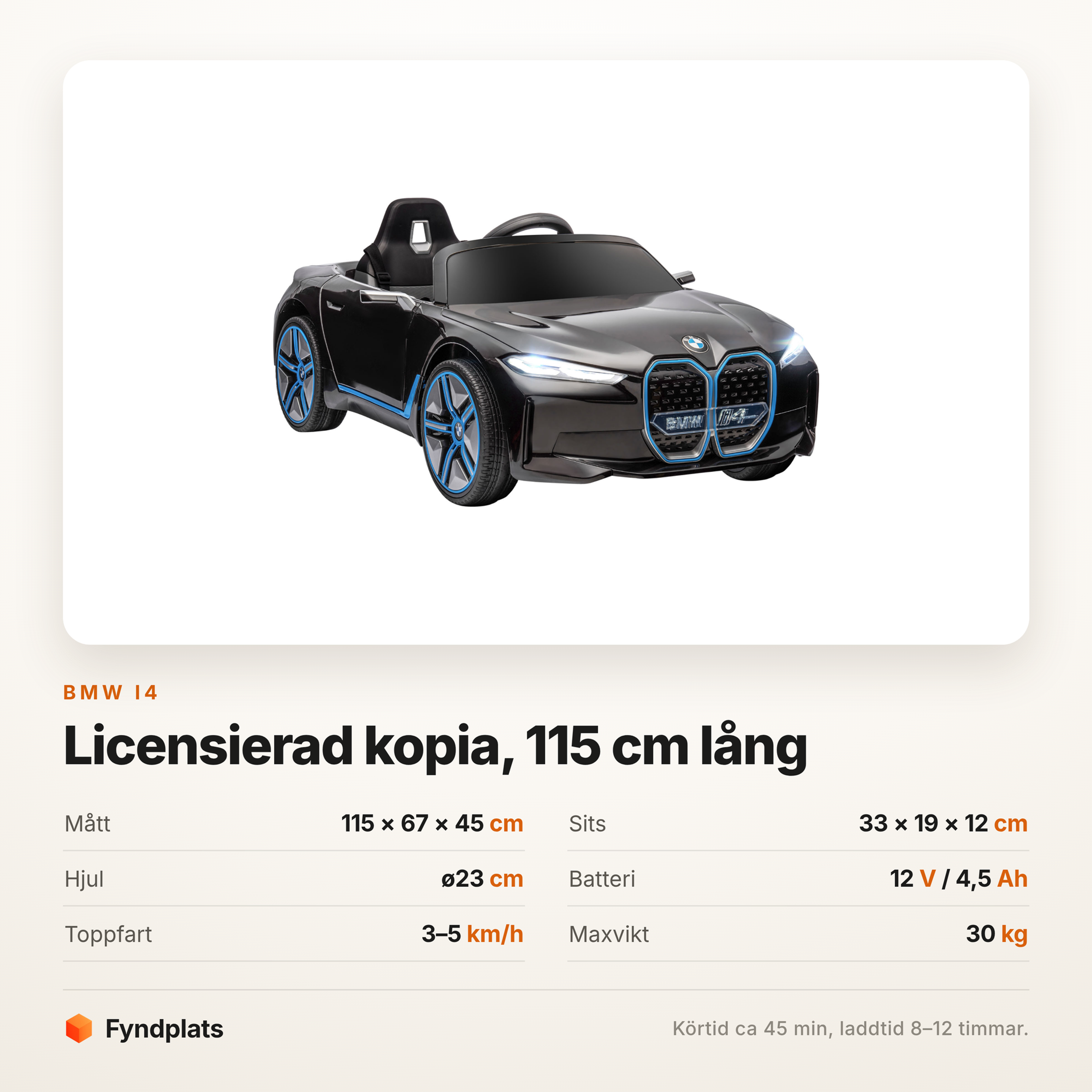 Specifikationer: 115 × 67 × 45 cm, 12V och maxvikt 30 kg