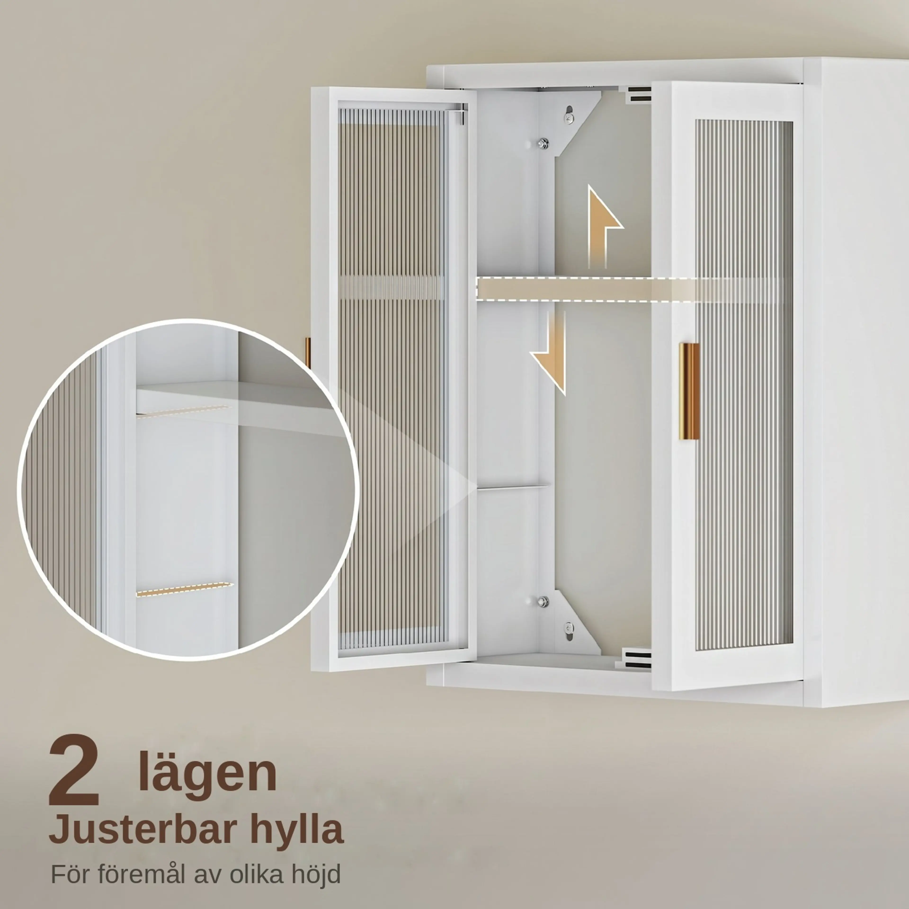 Badrumsskåp med justerbar hylla i två lägen för föremål av olika höjd