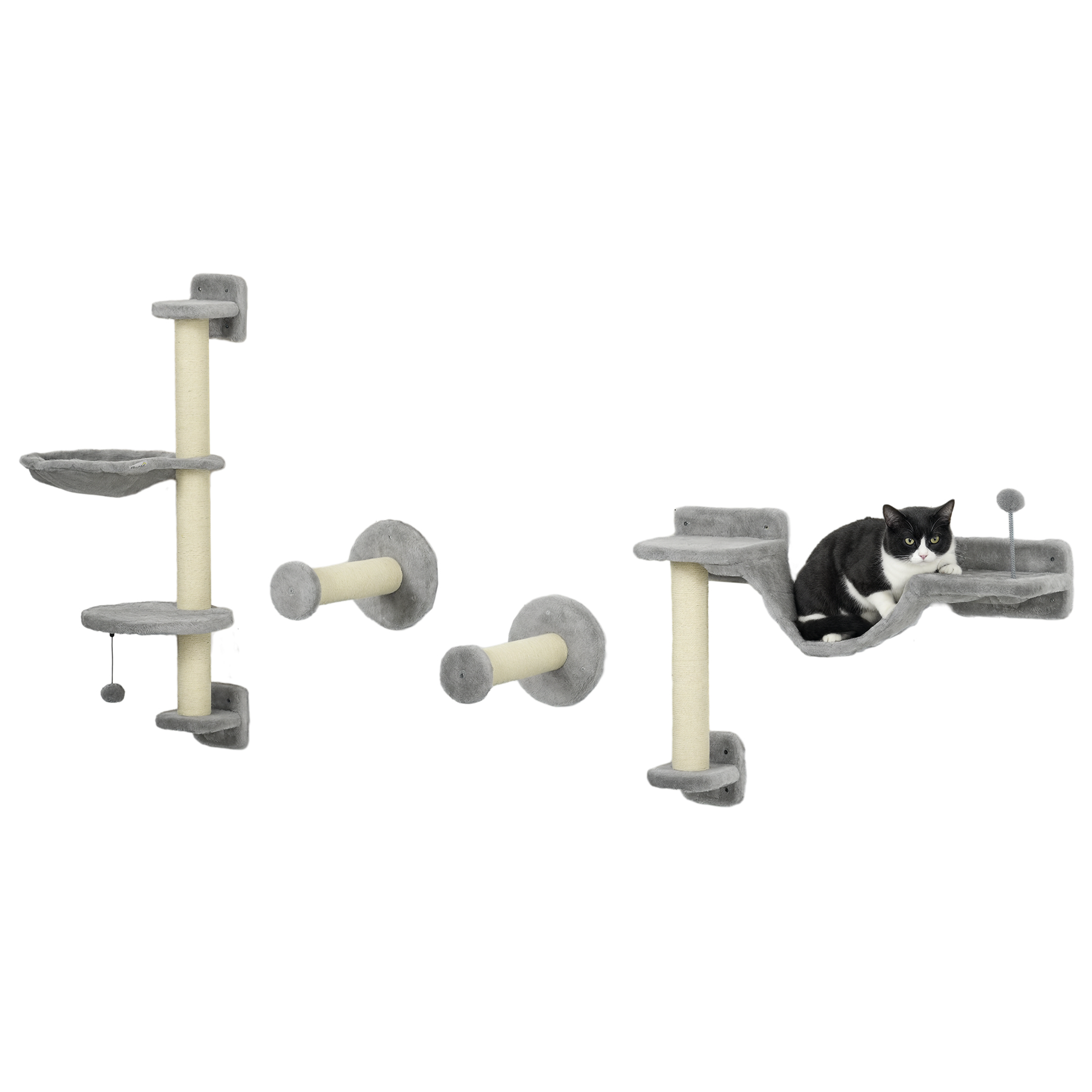 Klättervägg för katt med hängmatta – 4-delat set väggmonterade katthyllor, beige