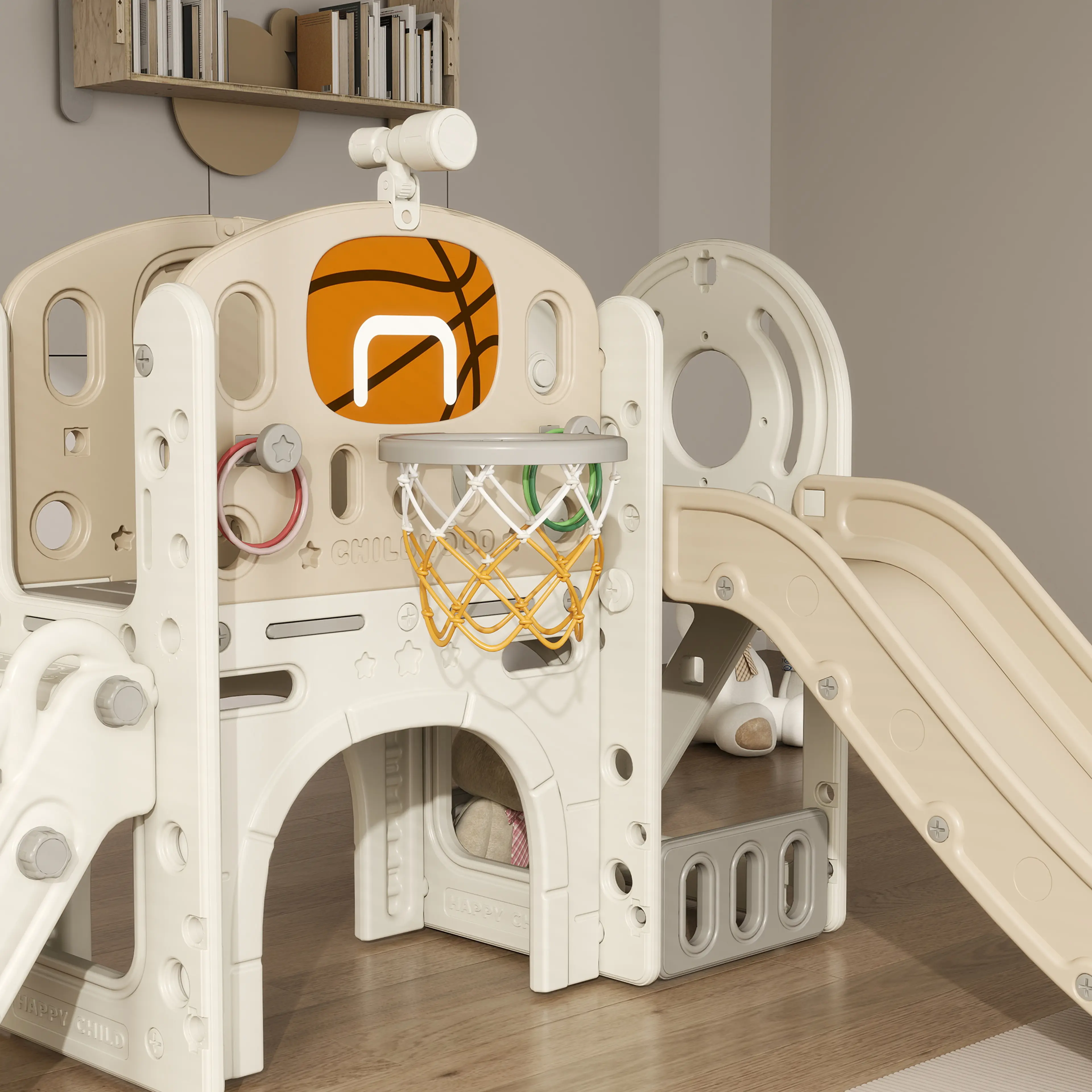 Närbild på basketkorgen, ringarna och tunneln under gångbron