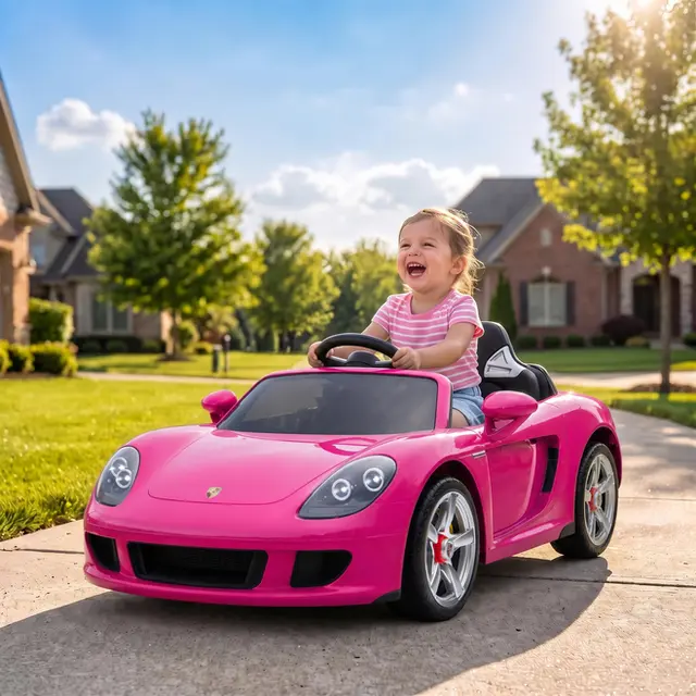 Rosa Porsche Carrera GT för barn med en flicka vid ratten på en uppfart