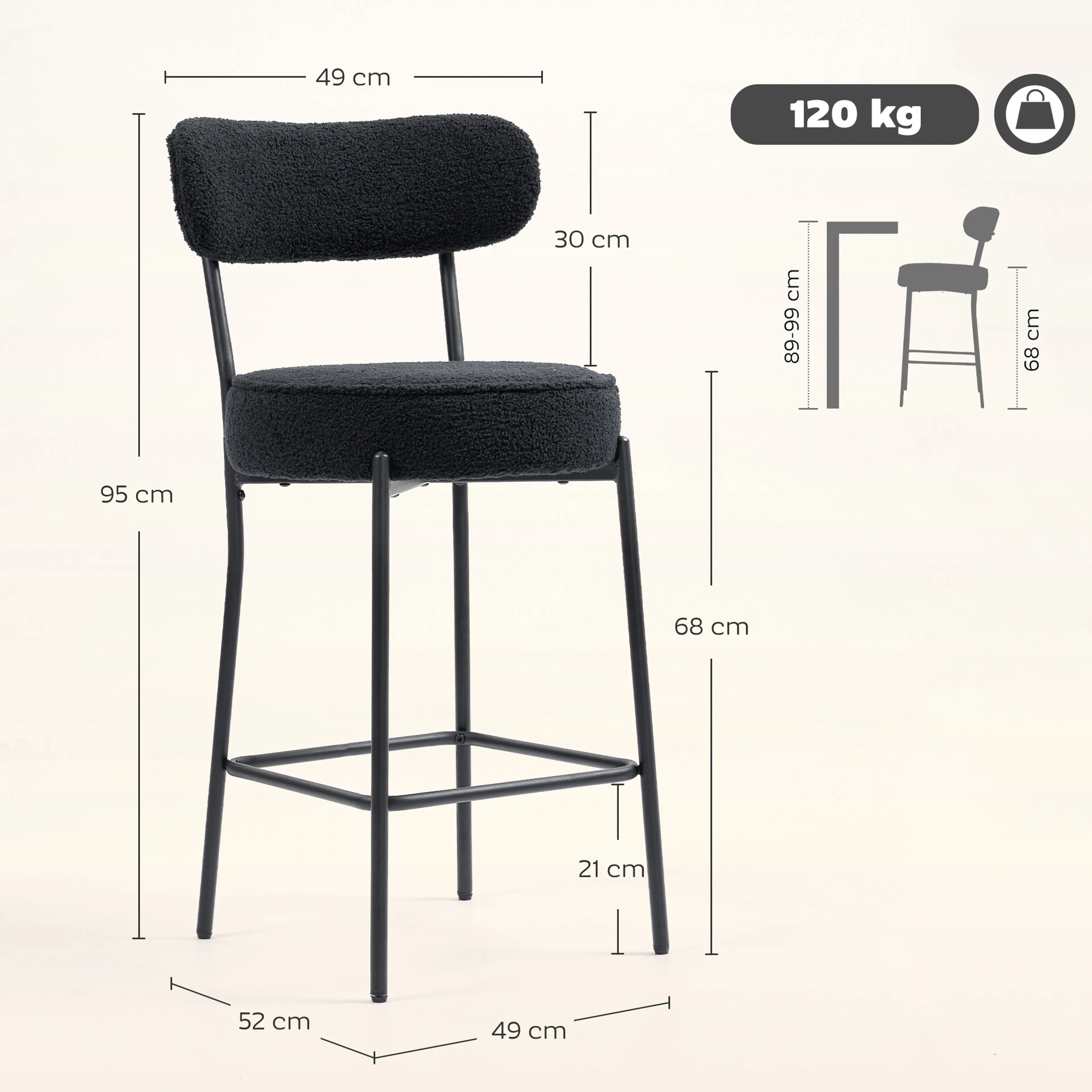 Måttskiss med sitthöjd 68 cm, rund sits Ø46 cm och totalhöjd 95 cm, med märkning för 120 kg belastning