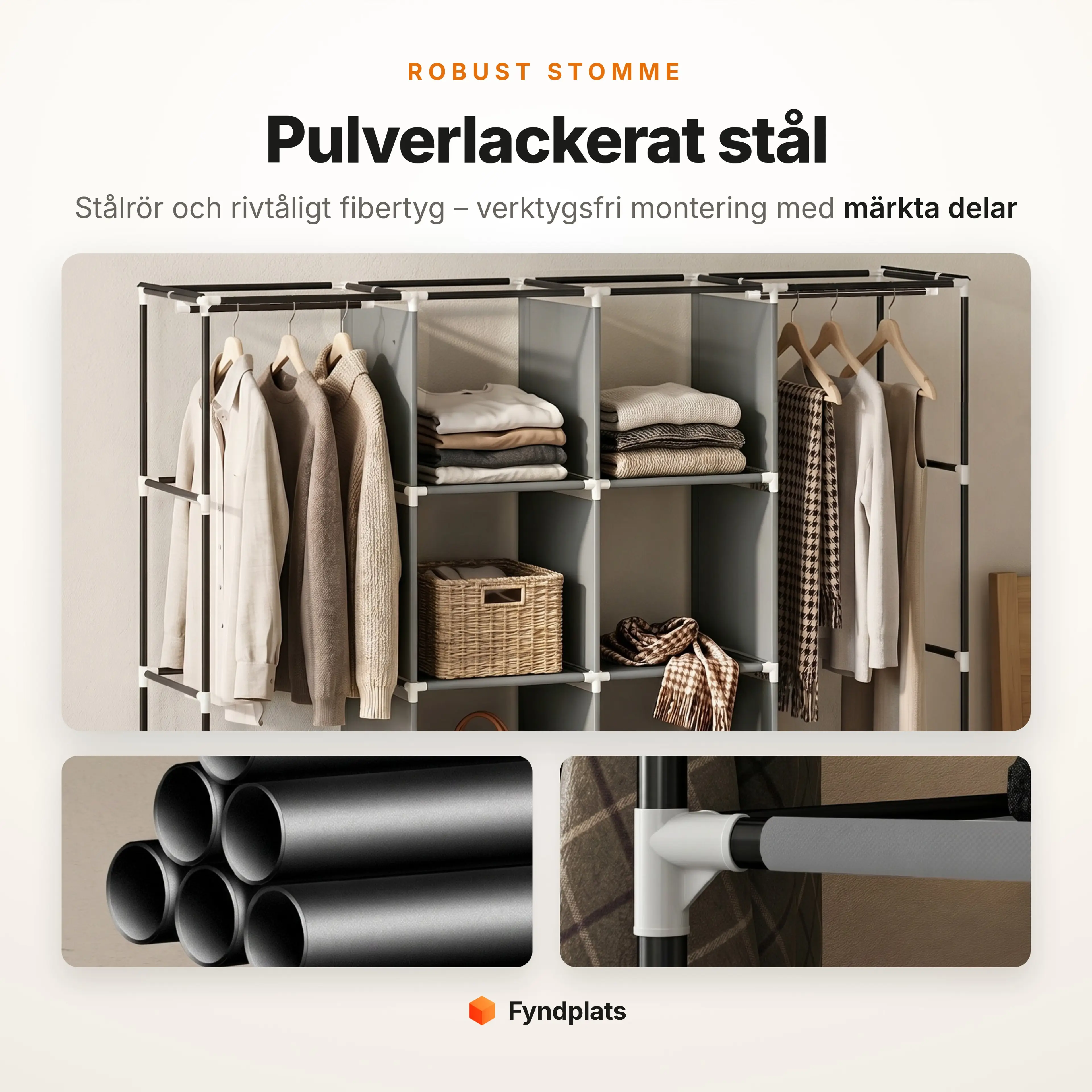 Fyndplats-kort: stomme av pulverlackerade stålrör och detaljbild på verktygsfri koppling