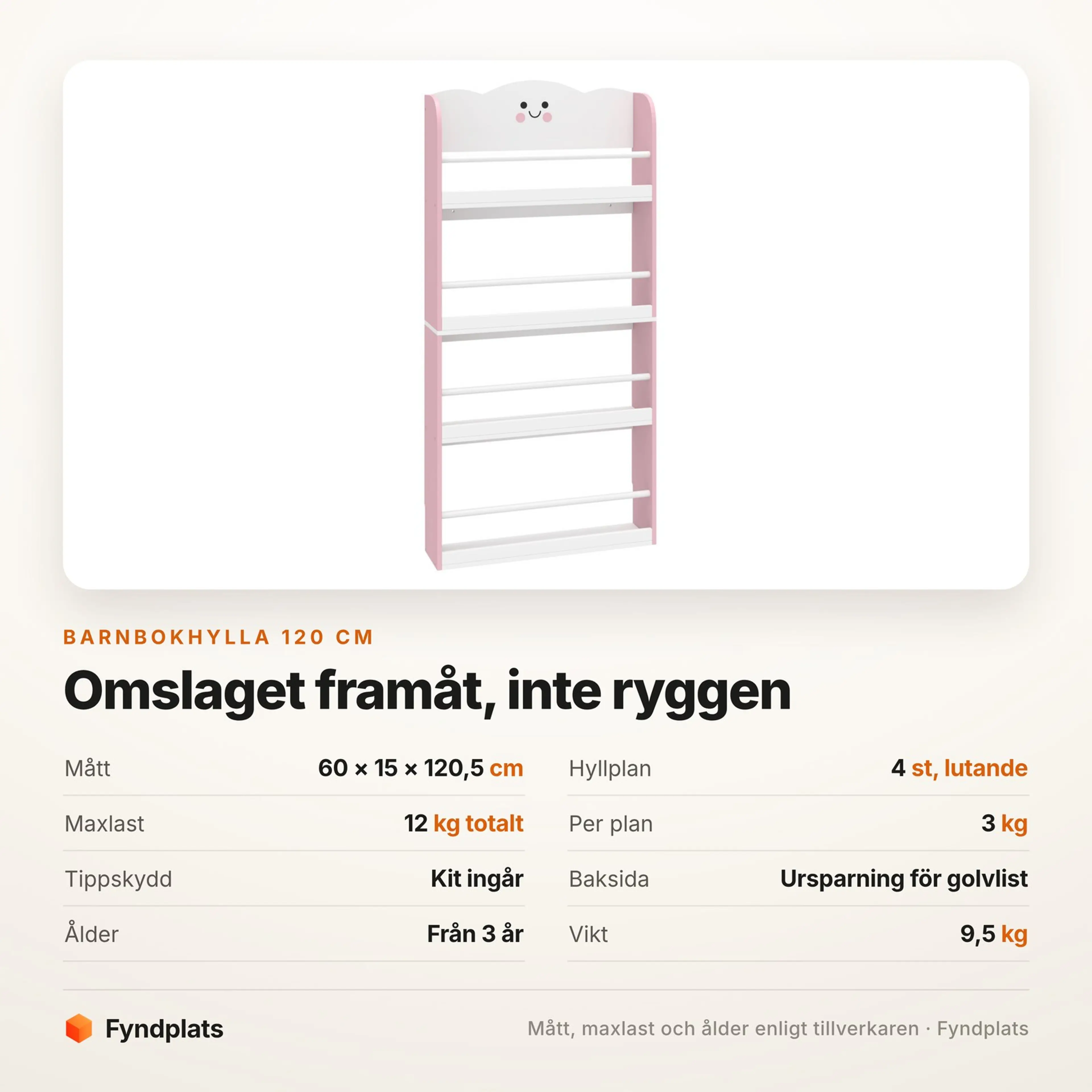 Spec-kort för barnbokhyllan: 60 × 15 × 120,5 cm, fyra lutande plan och 3 kg per plan