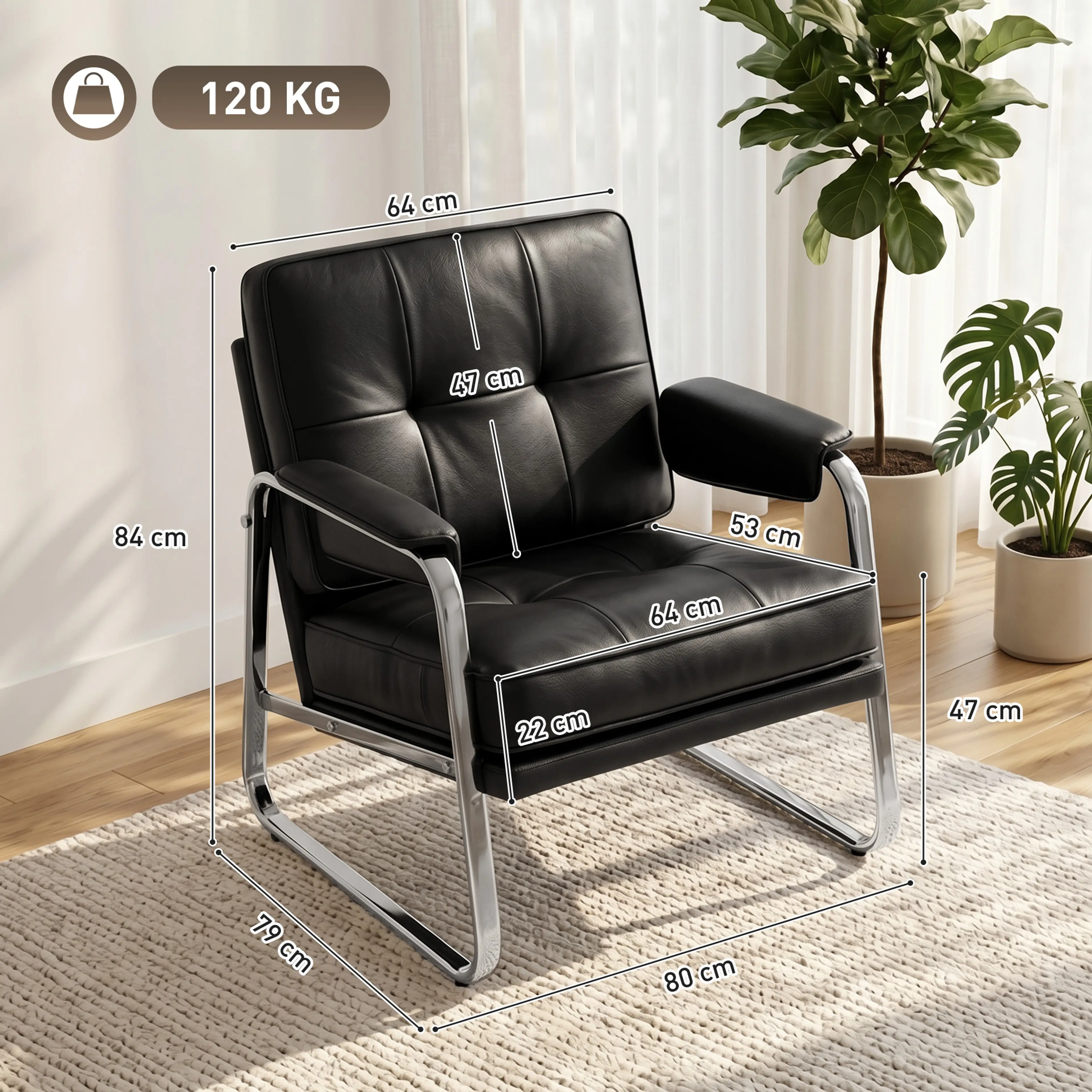 Måttskiss: 80 × 79 × 84 cm, sits 64 × 53 cm, maxlast 120 kg