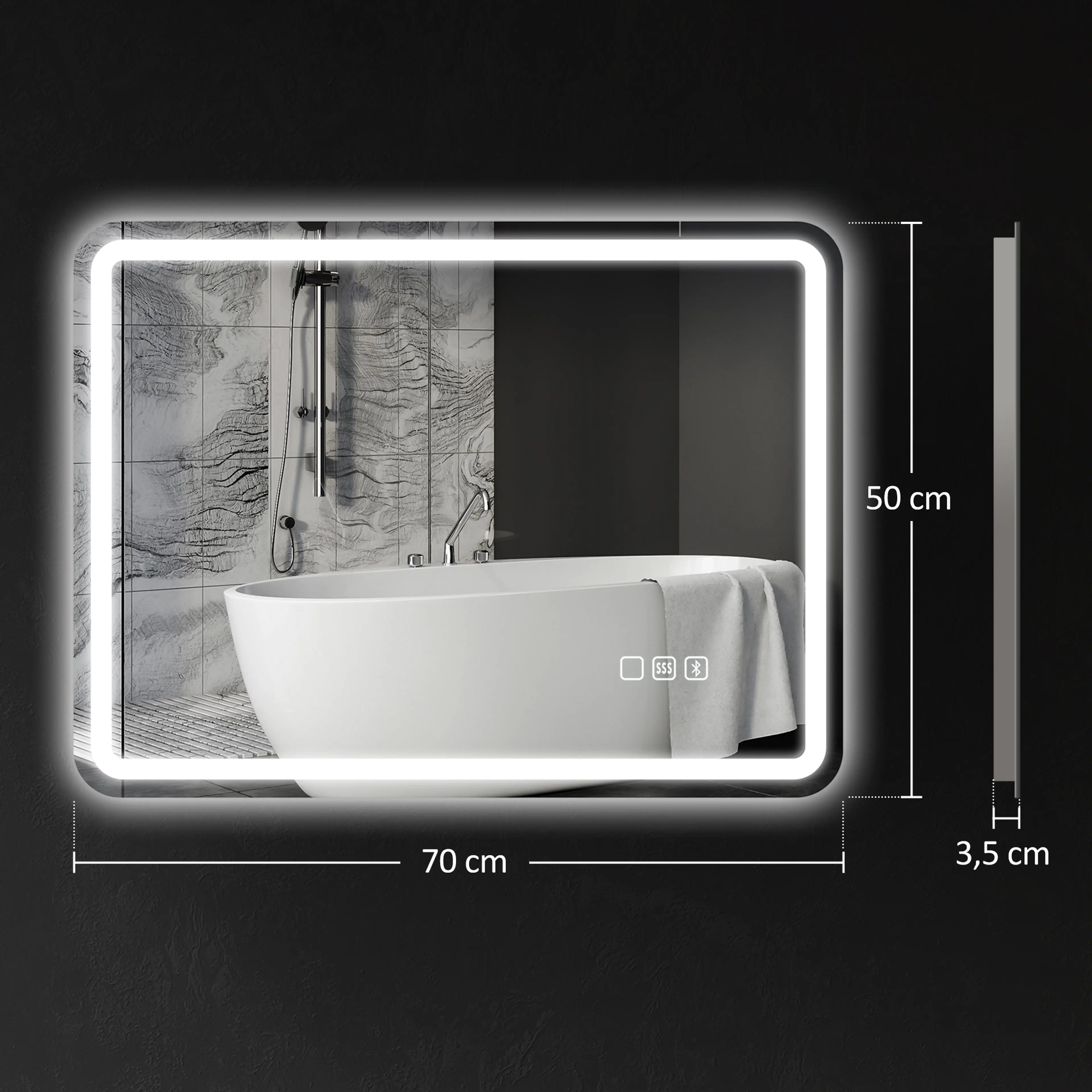 Badrumsspegel LED 70 × 50 cm med Bluetooth och klocka – bild 5