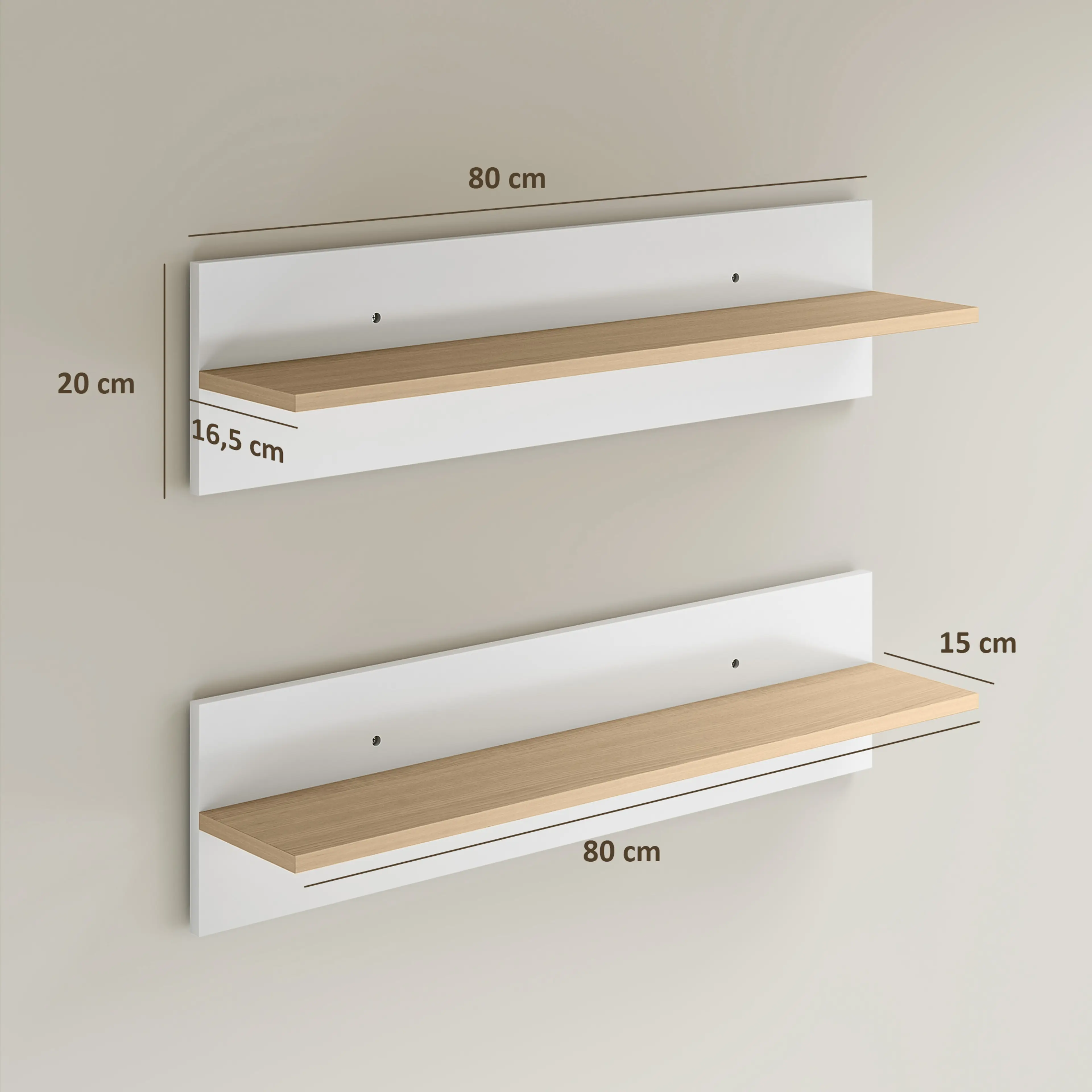 Måttbild: hyllorna är 80 cm långa och 20 cm höga, med 15 cm djupa hyllplan
