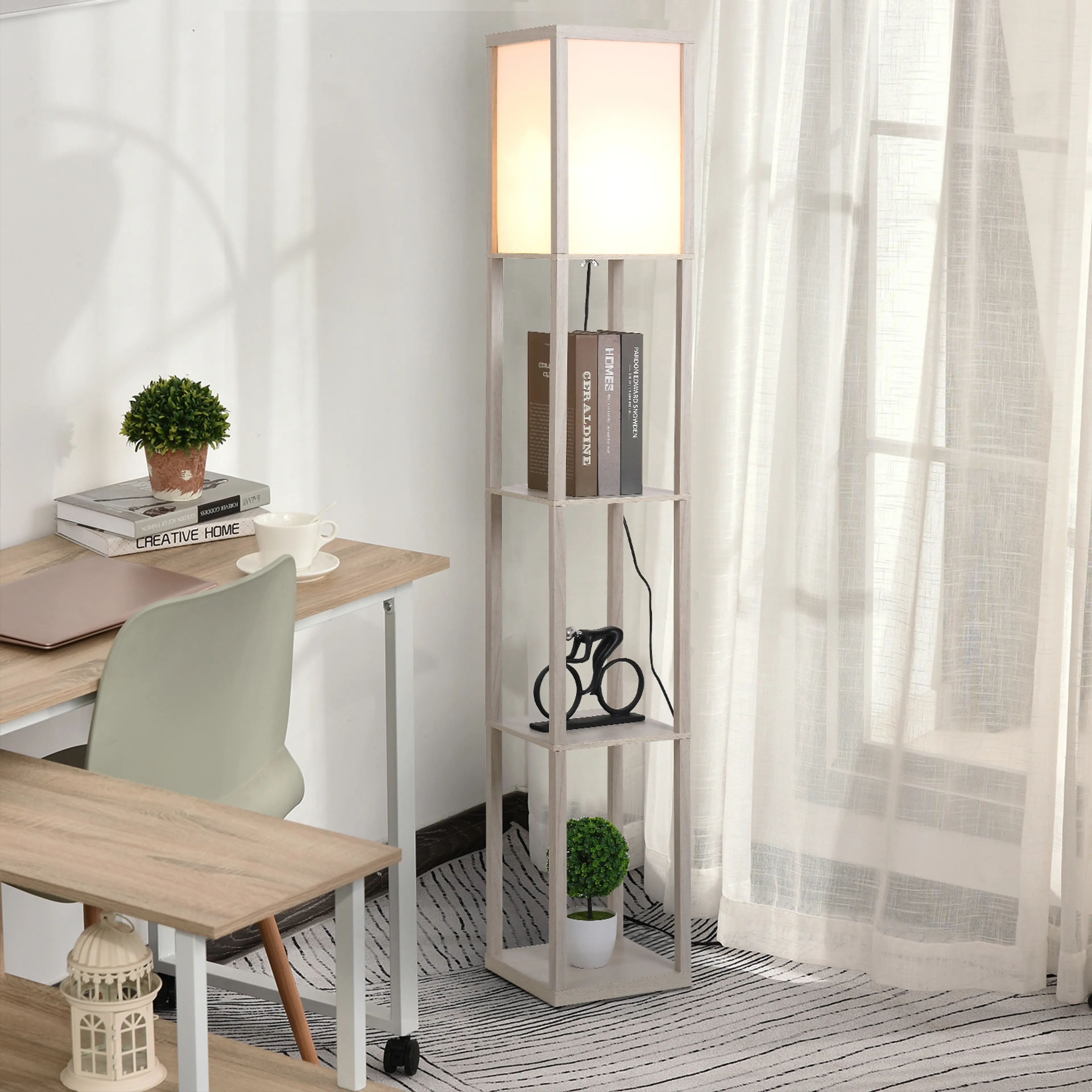 Golvlampa med hyllor – 3 plan för E27-lampa, modern design, brun