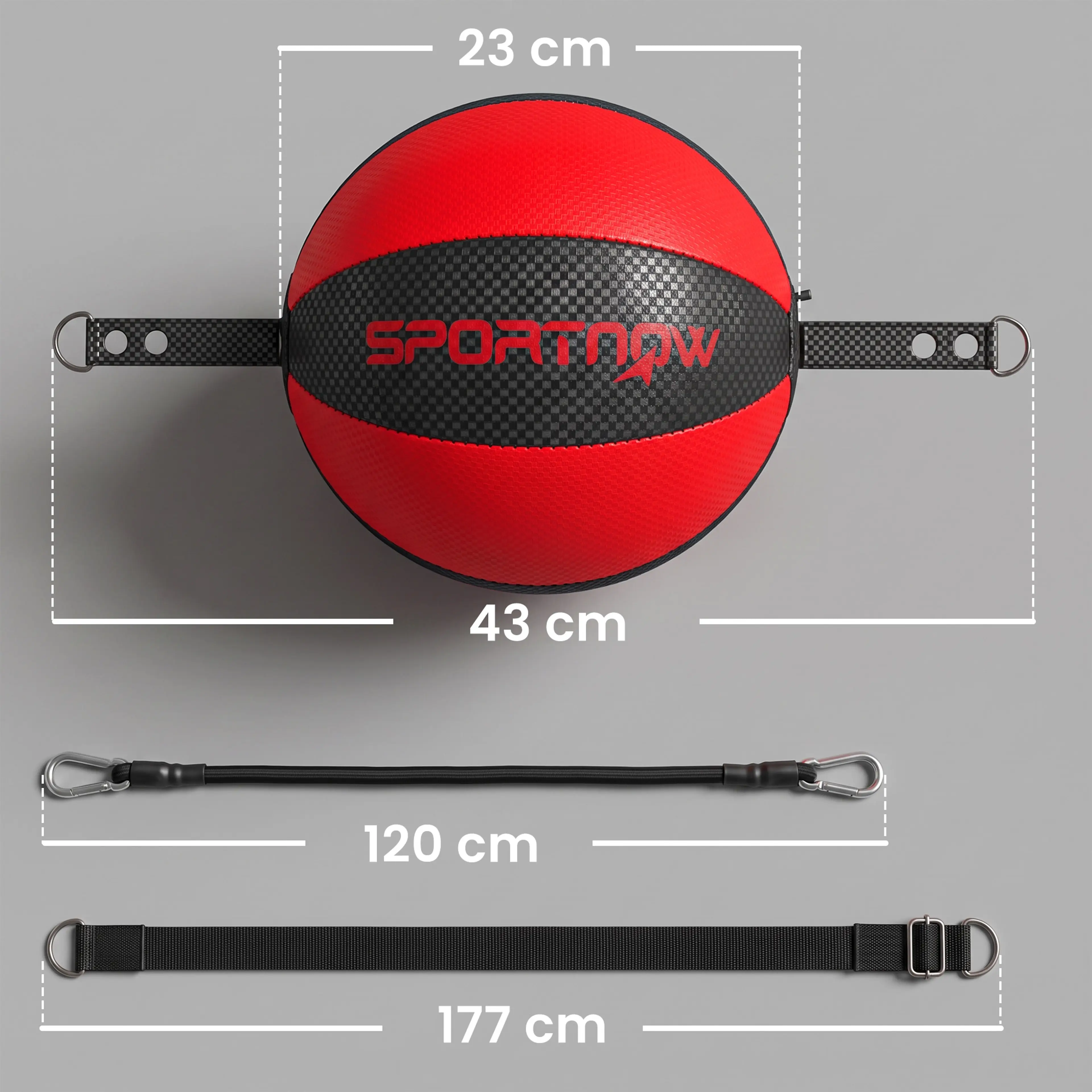 Måttbild på dubbelbollen, 23 cm bred och 43 cm med fästena, gummirepet 120 cm och bandet 177 cm