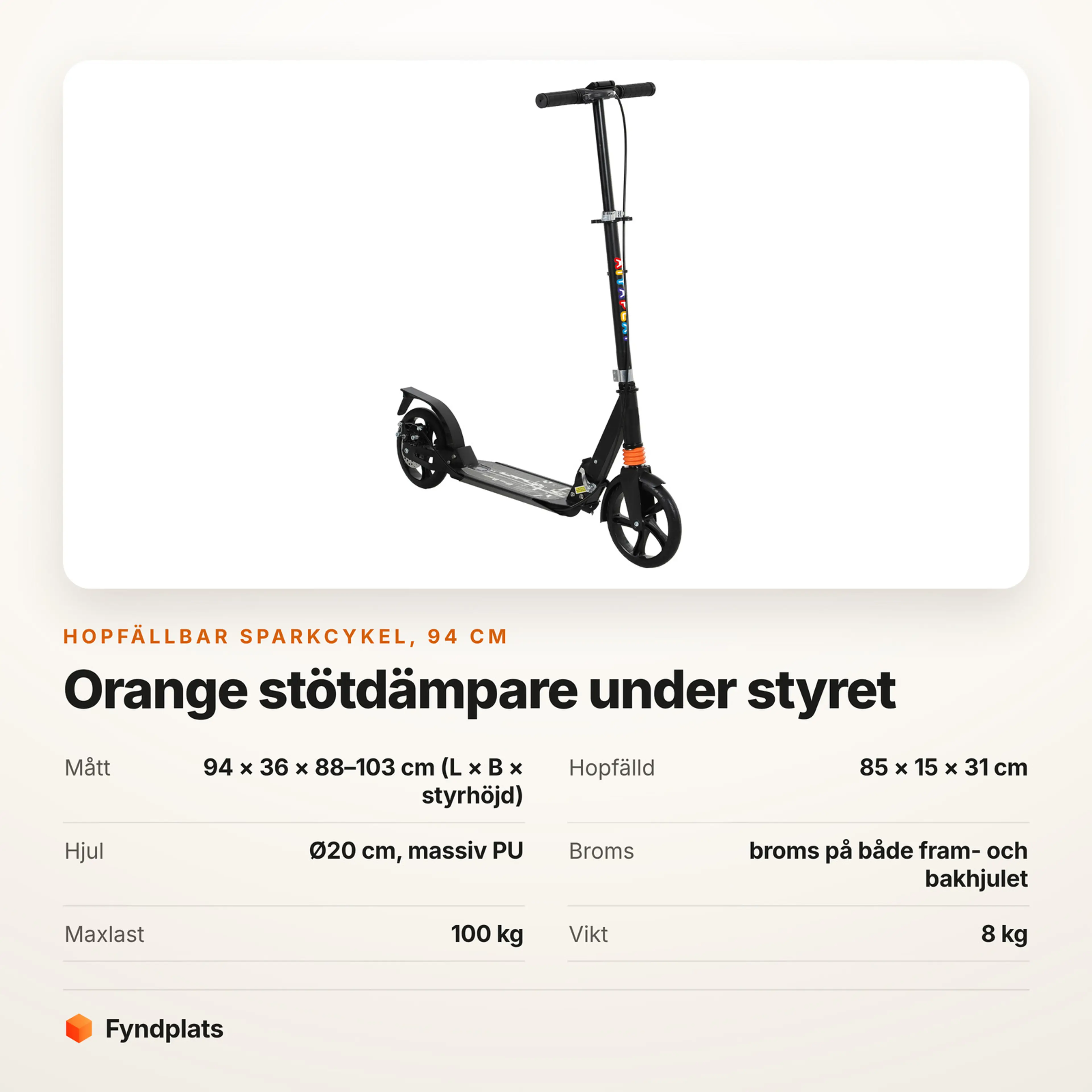 Faktakort: hopfällbar sparkcykel 94 cm med orange stötdämpare