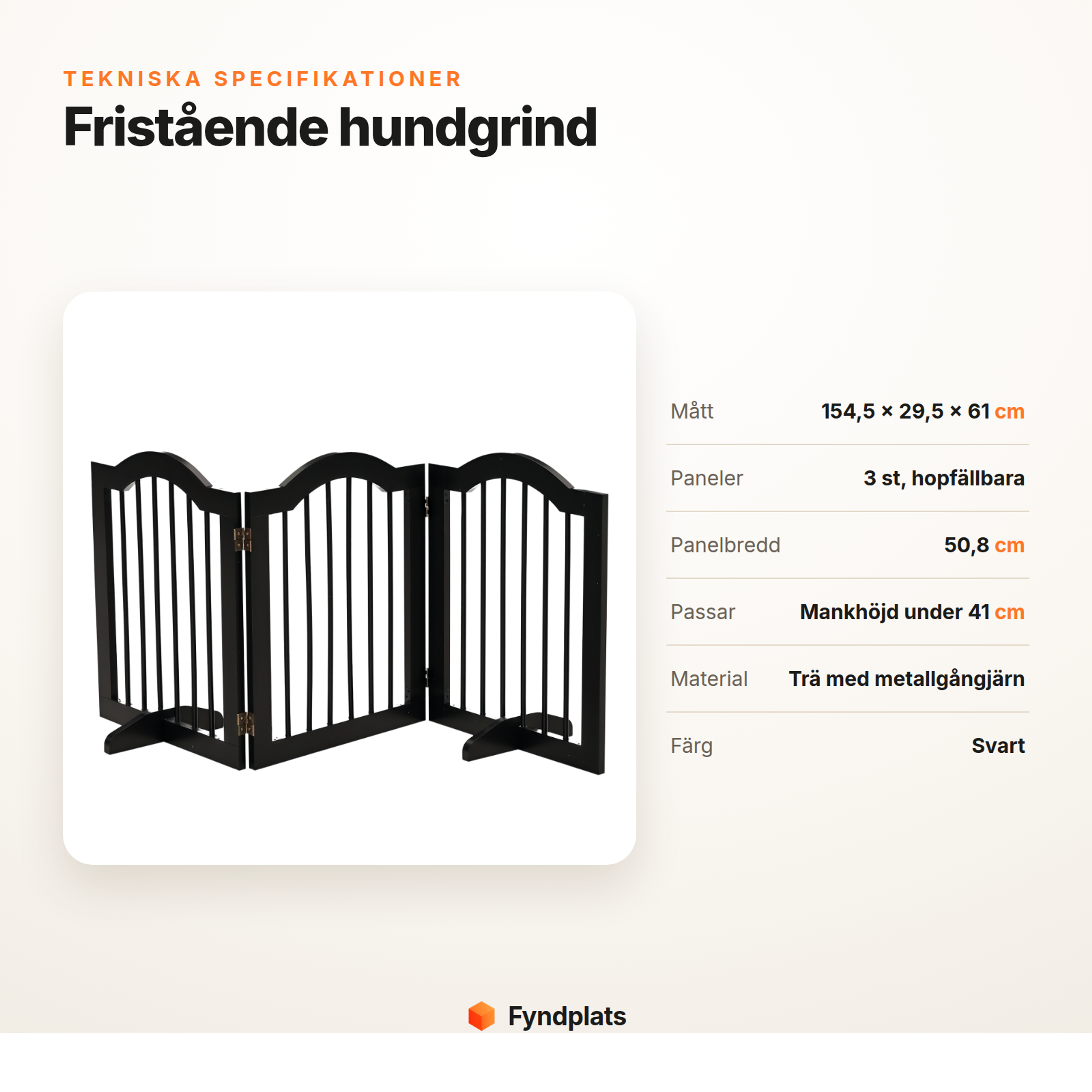 Fyndplats specifikationskort för fristående hundgrind med mått, panelantal och material