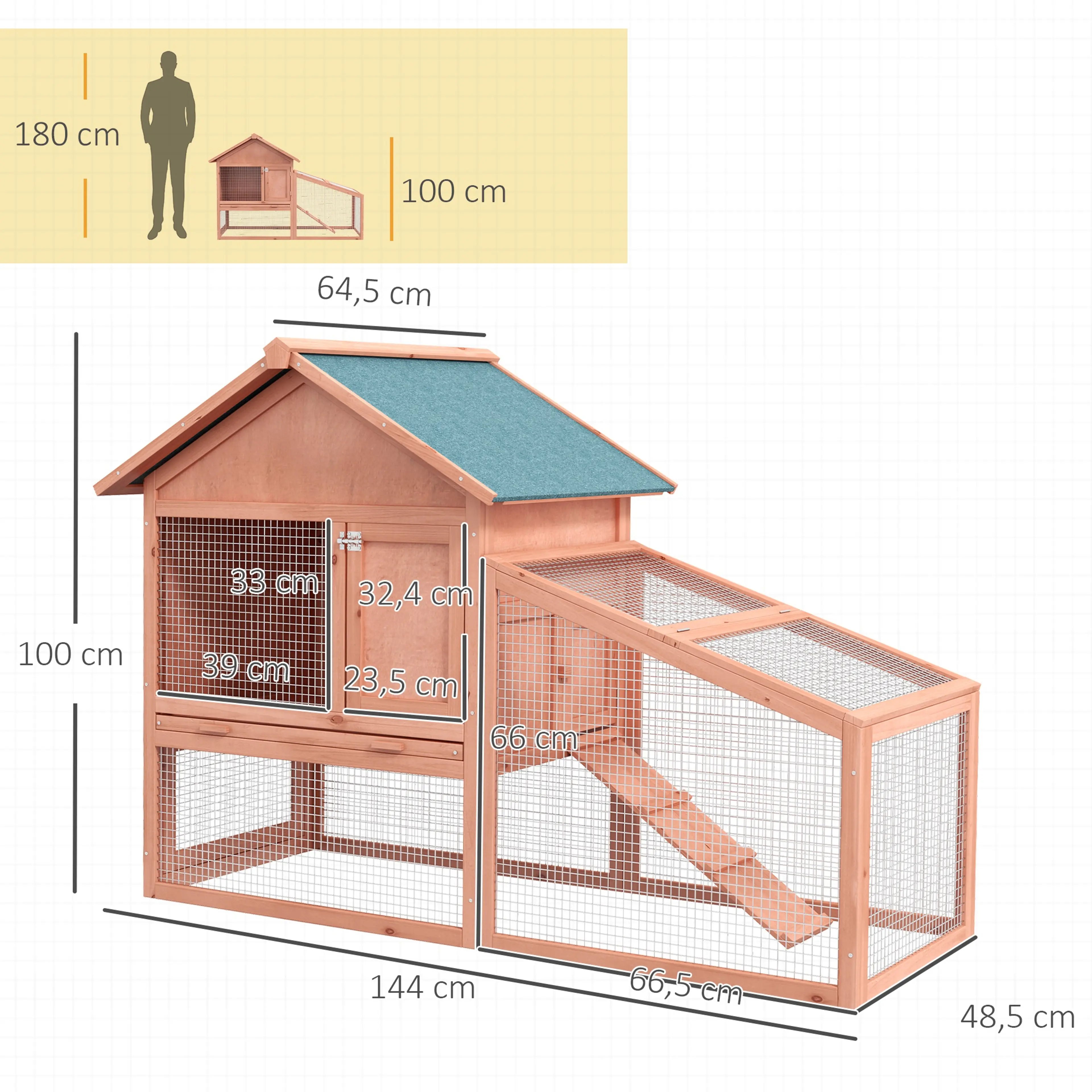 Måttskiss över kaninhuset: 144 × 64,5 × 100 cm