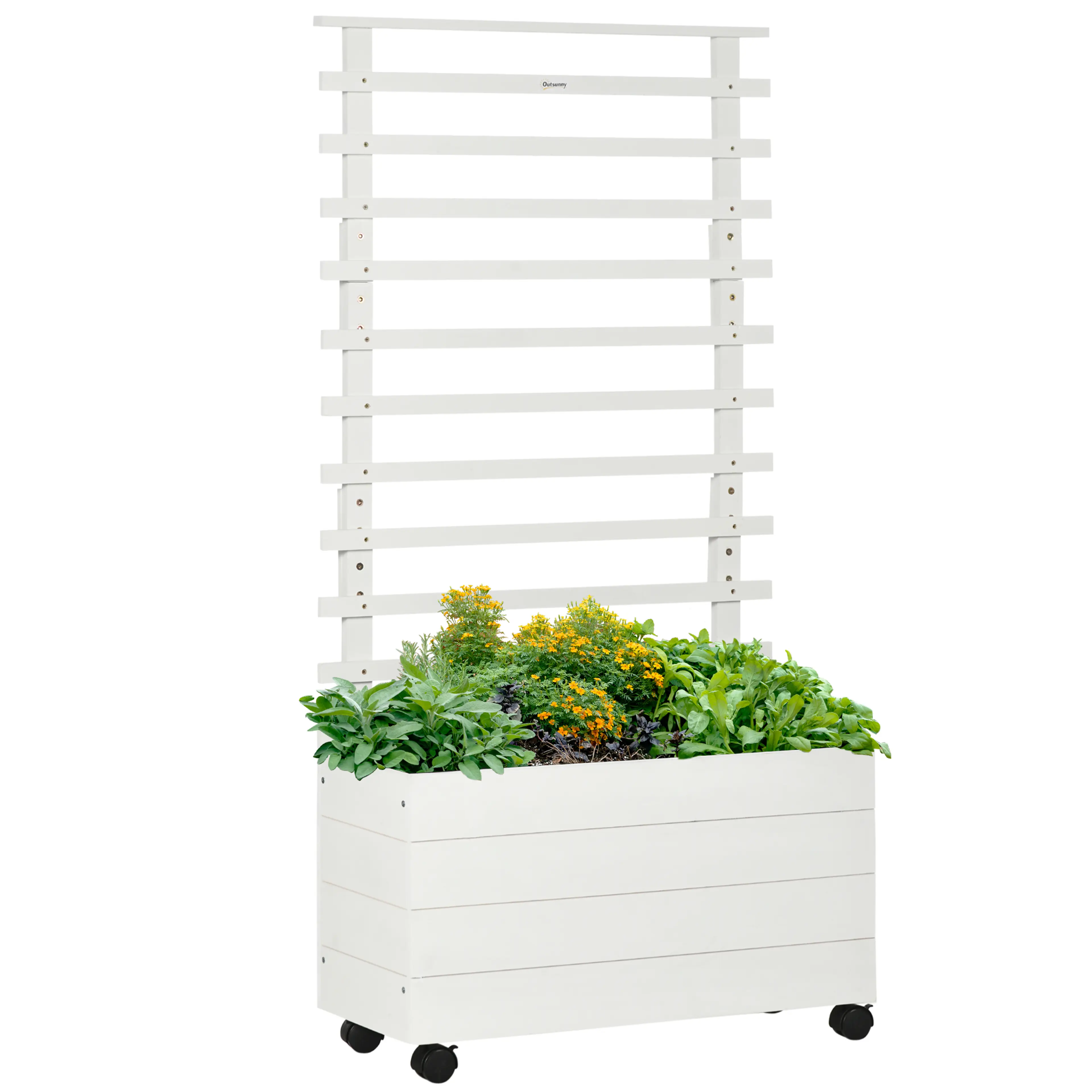 Vit odlingslåda på hjul med spaljé av trä – 76 × 30 × 155 cm