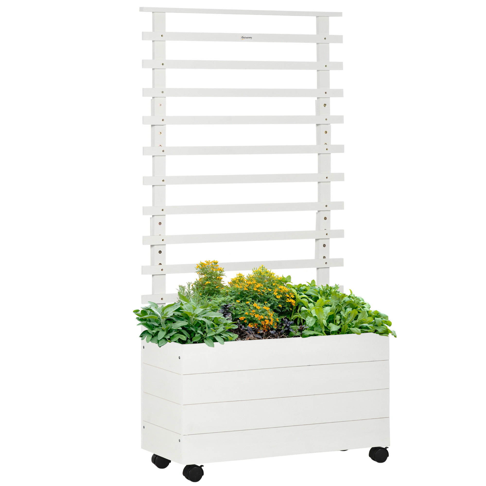 Vit odlingslåda av trä på fyra hjul med en vit spaljé av ribbor bakom och gröna och orange blommor i lådan, mot vit bakgrund