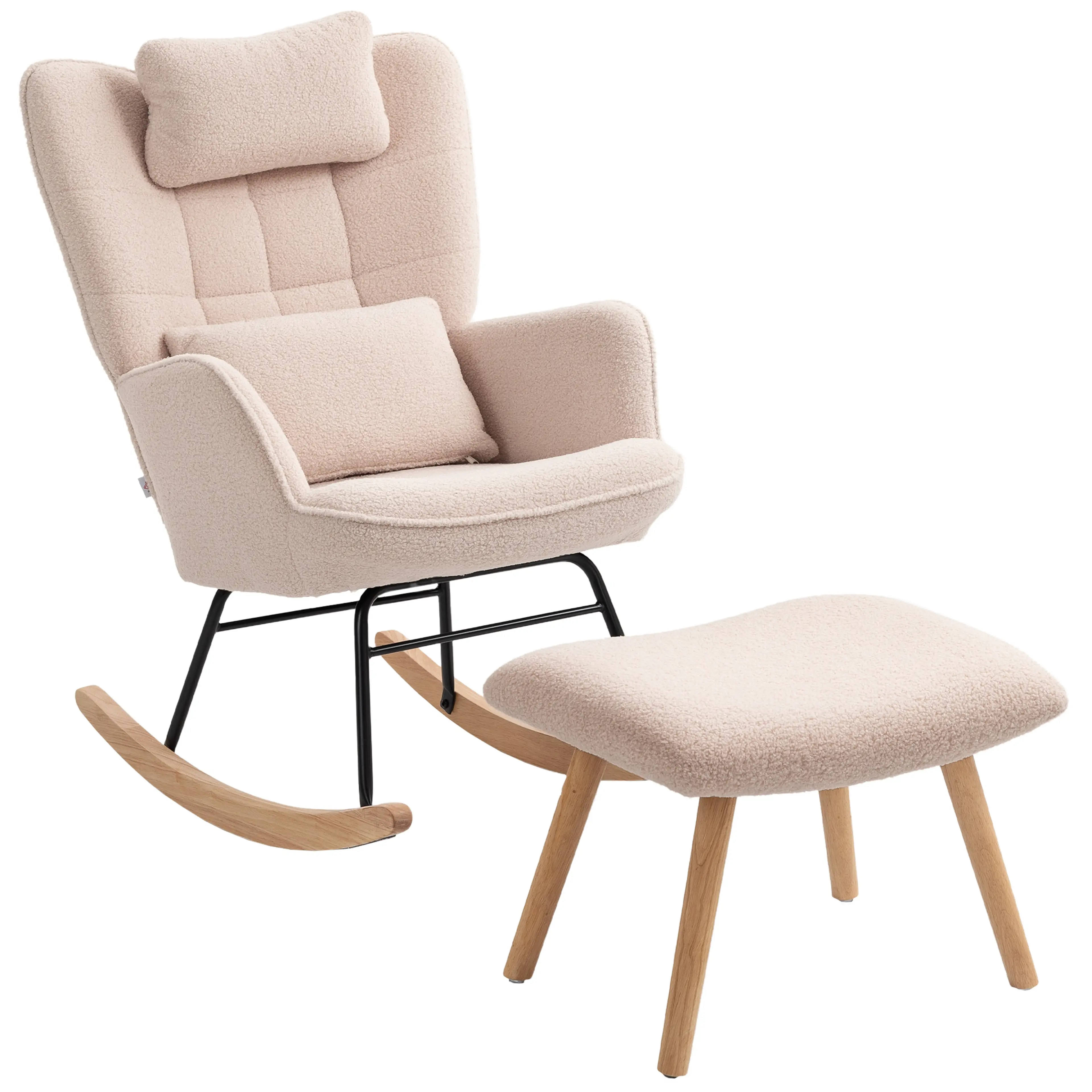 Beige gungstol i fleece med matchande fotpall, mot vit bakgrund