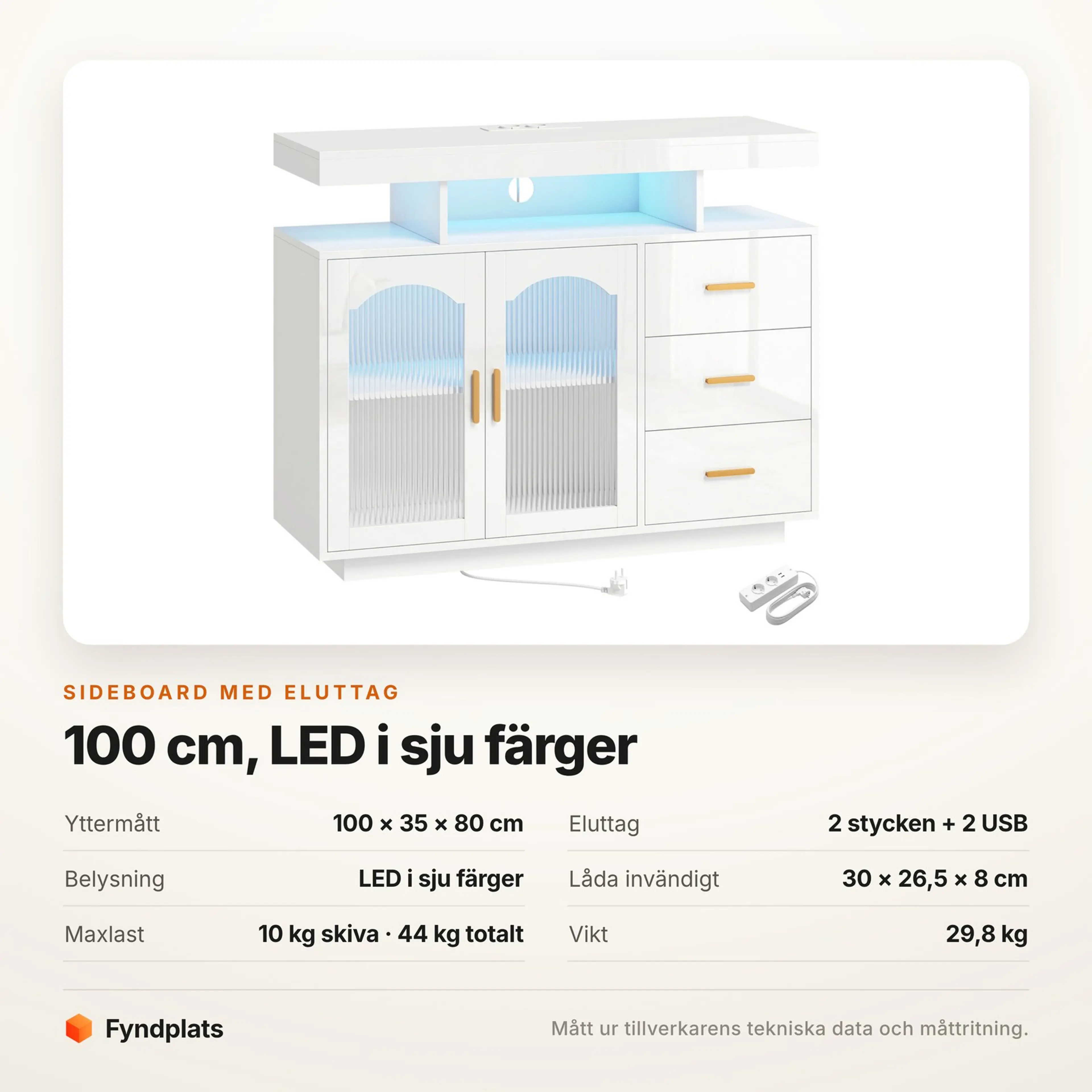 Specifikationskort för sideboardet med mått, antal uttag, belysning och maxlast