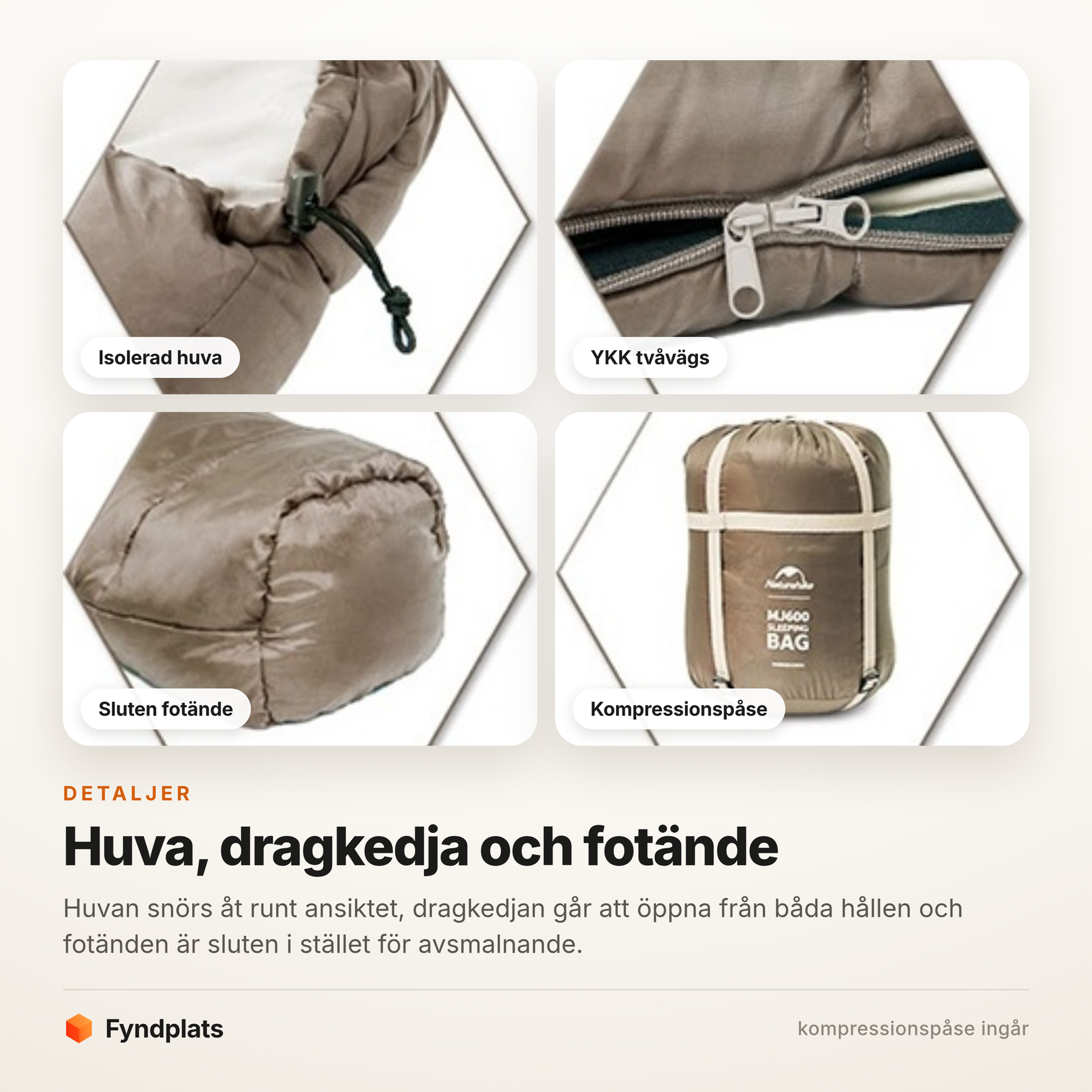 Detaljer: isolerad huva med dragsnöre, tvåvägs YKK-dragkedja, sluten fotände och kompressionspåse