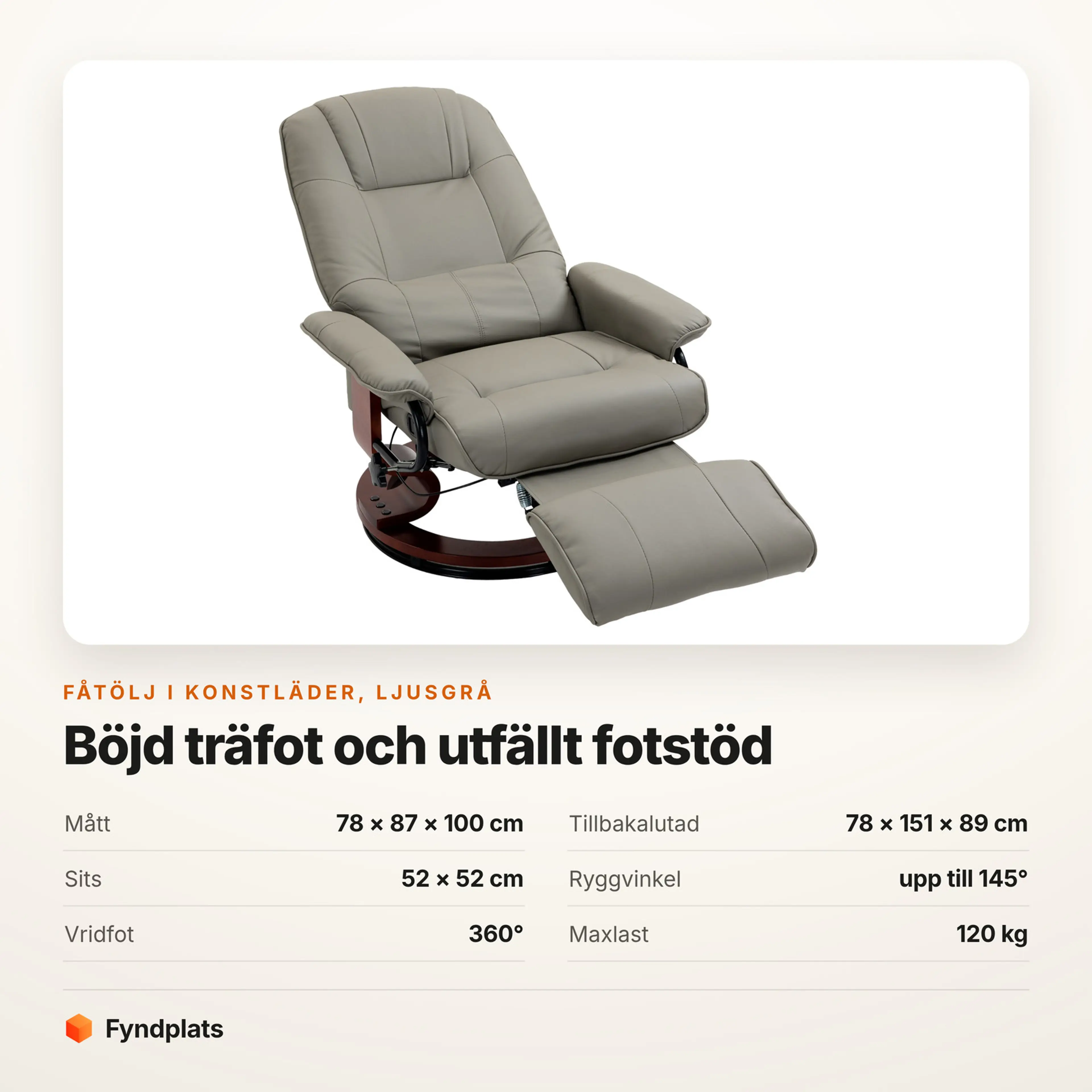 Specifikationer för Fåtölj i konstläder med 360° vridfot, rygg till 145° – ljusgrå – kort från Fyndplats