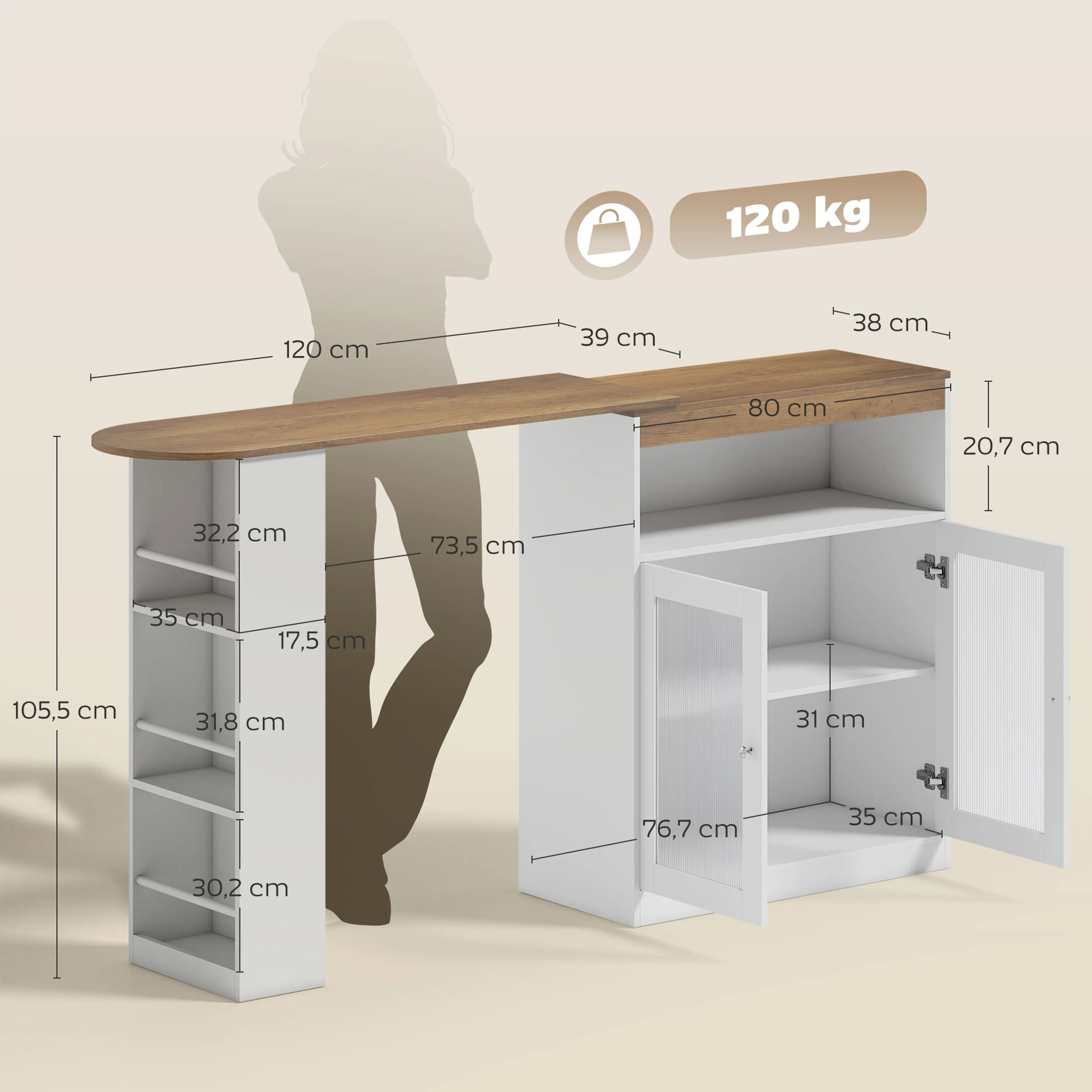 Måttskiss med höjd 105,5 cm, bardel 120 × 39 cm och skåp 80 × 38 cm